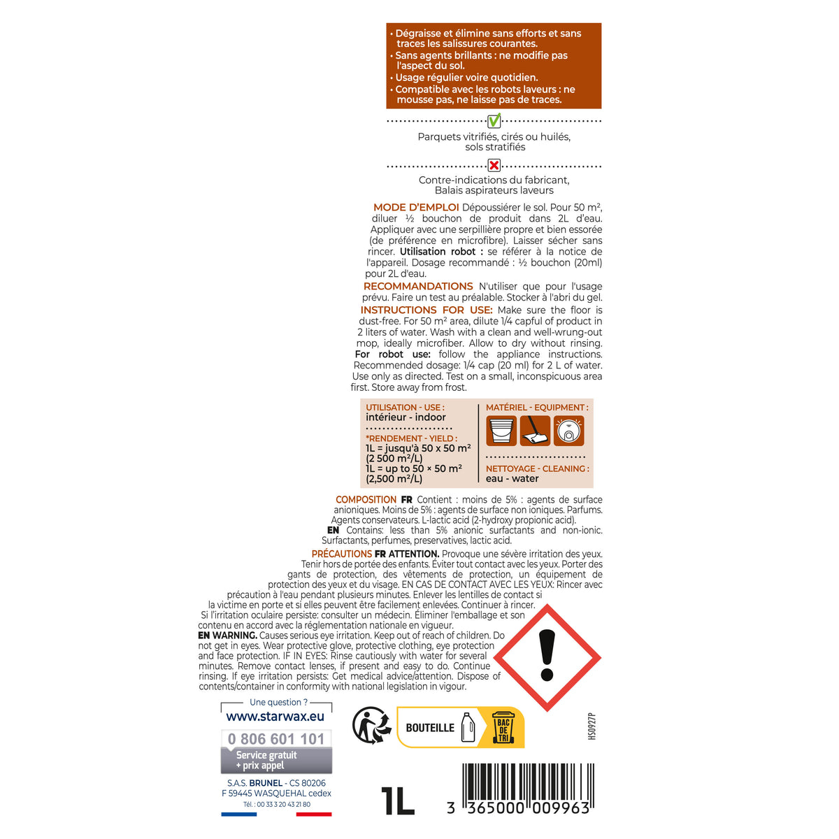 STARWAX - Nettoyant doux pour parquets et sols stratifiés
 1L