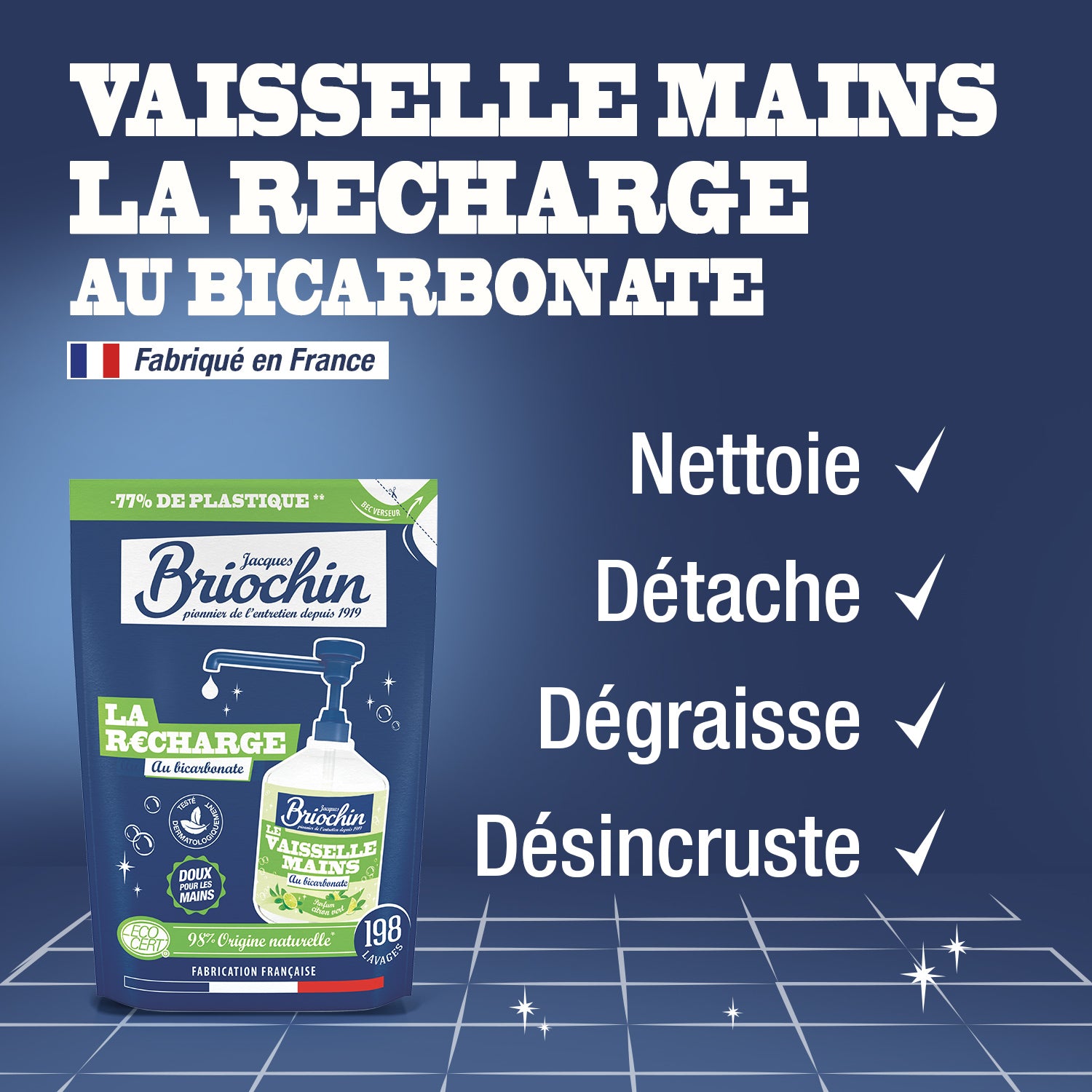 JACQUES BRIOCHIN - Recharge Liquide Vaisselle Mains Bicarbonate de soude & Citron vert 450ml Citron Vert