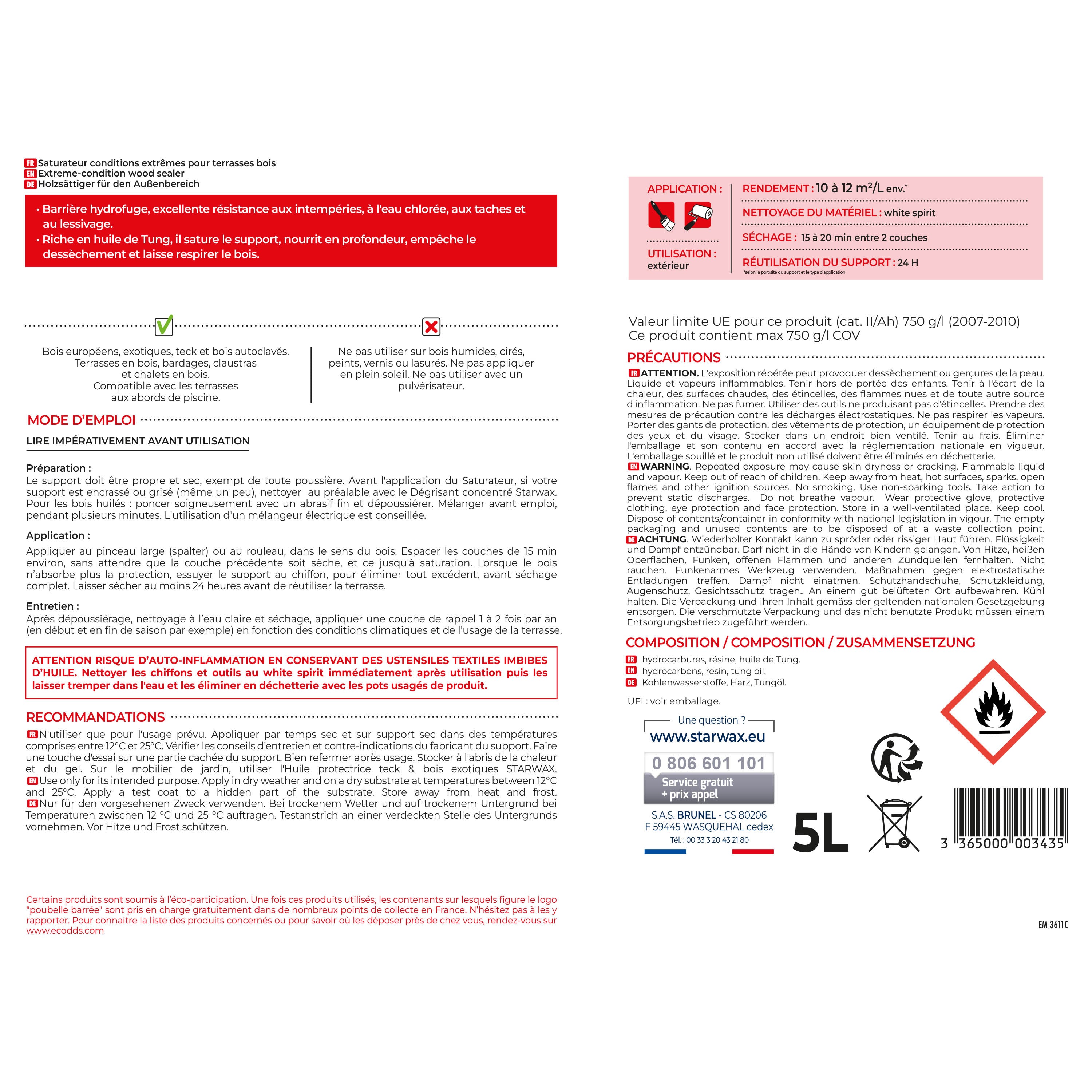 STARWAX - Saturateur bois extérieurs conditions extrêmes
 1L Incolore