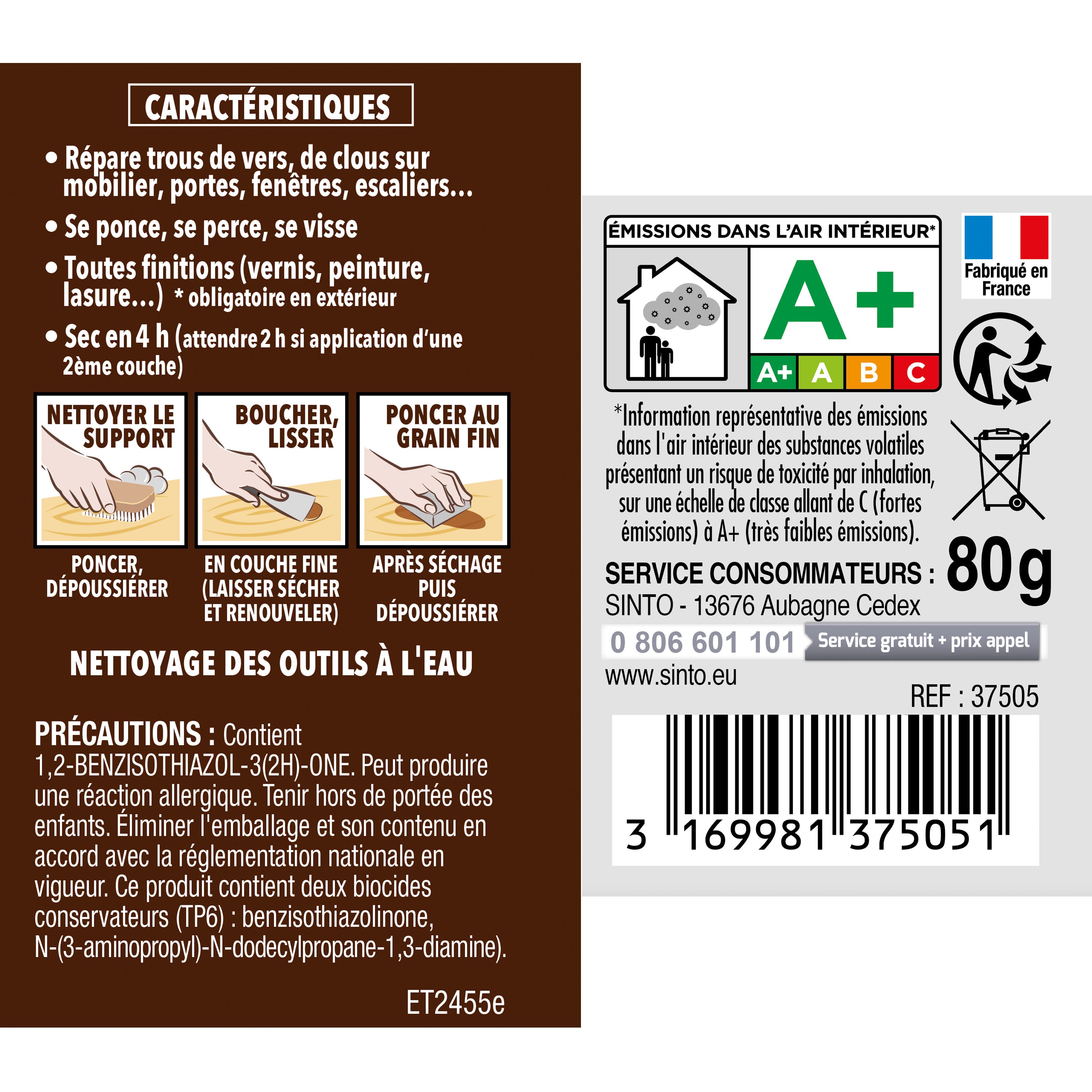 SINTO - Rebouche imperfections -  Pâte à bois naturel 80g Blanc
