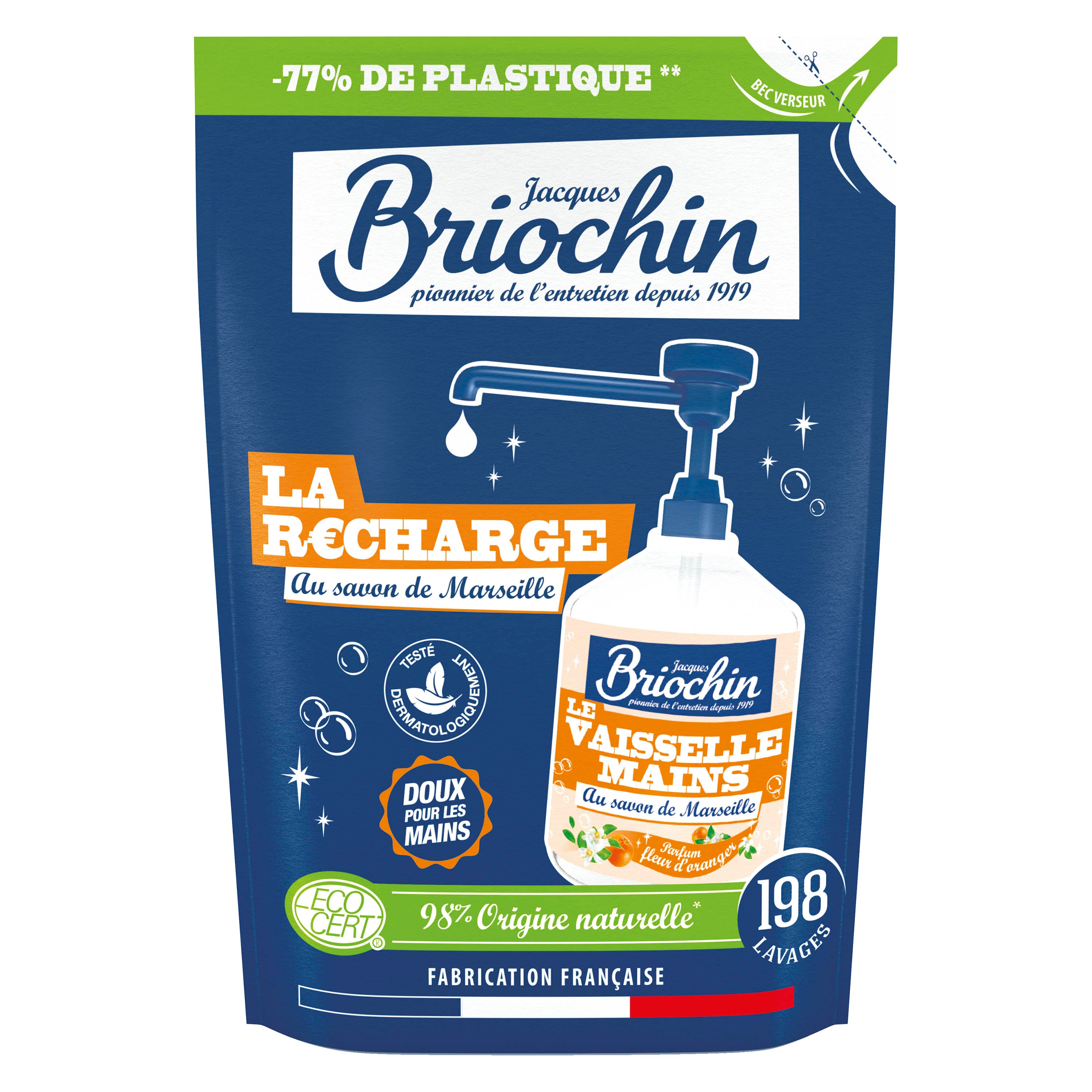 JACQUES BRIOCHIN - Recharge liquide Vaisselle Mains Savon liquide de Marseille 500ml Fleur d'oranger
