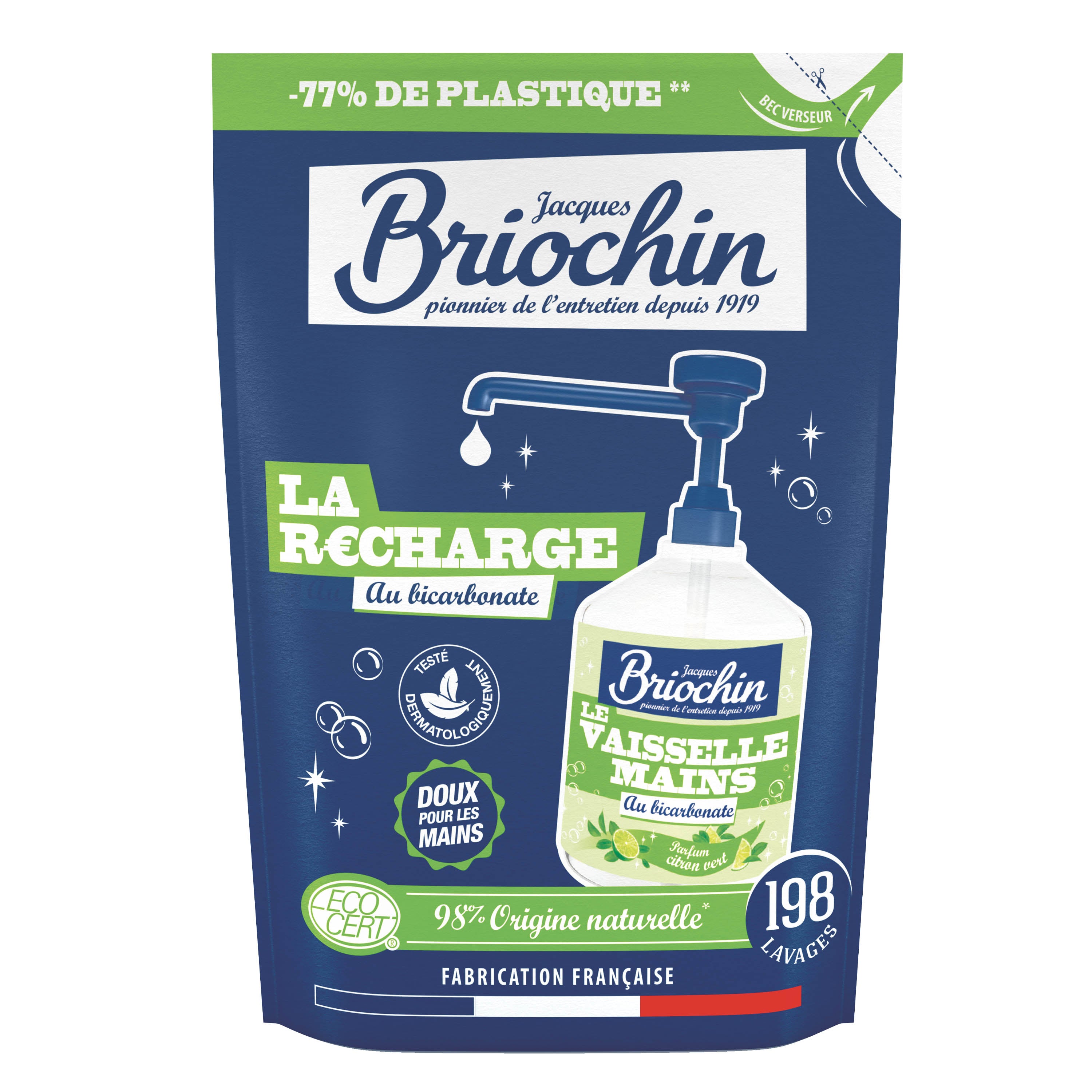 JACQUES BRIOCHIN - Recharge Liquide Vaisselle Mains Bicarbonate de soude & Citron vert 450ml Citron Vert