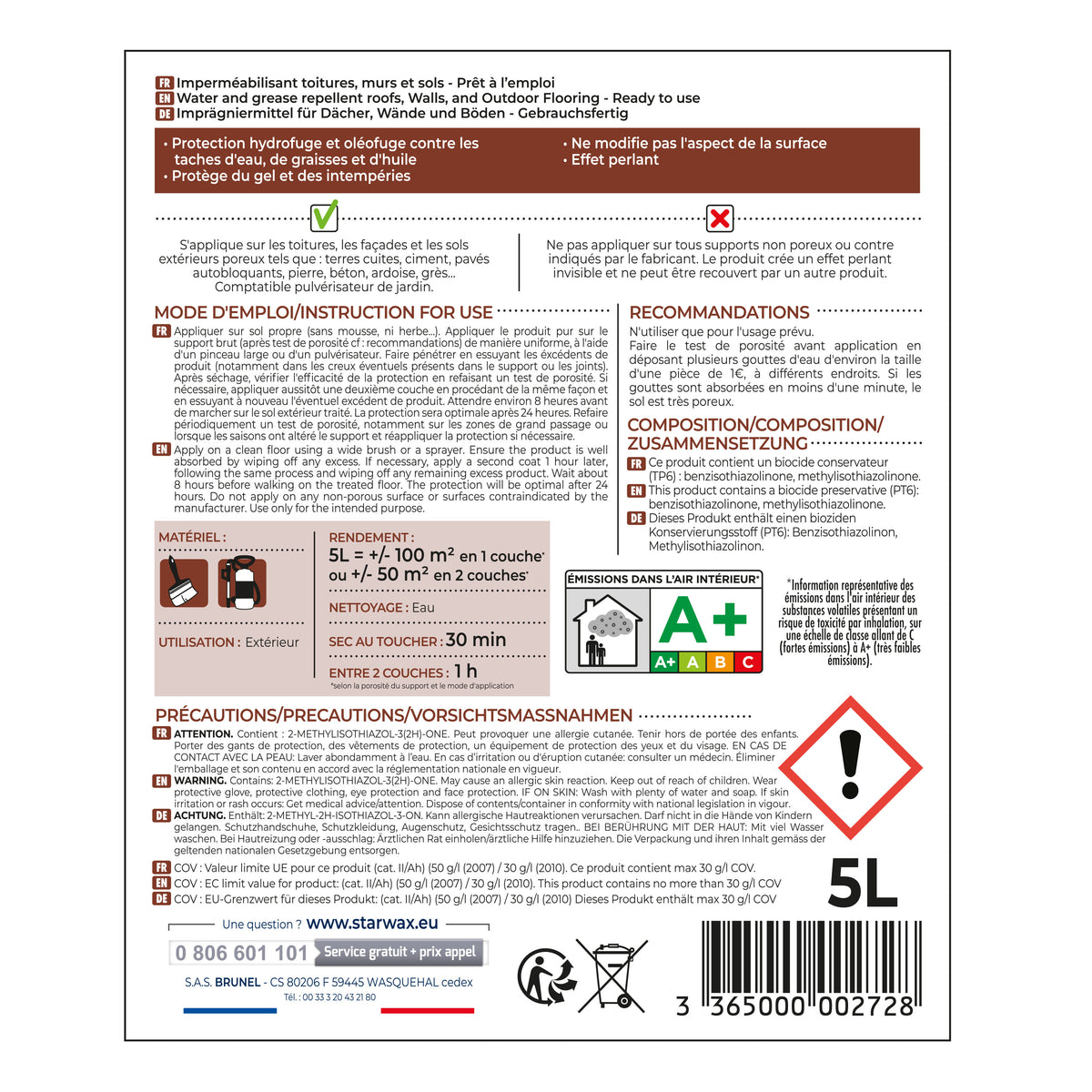 STARWAX - Imperméabilisant eau et graisses pour toitures, murs et sols extérieurs 1L