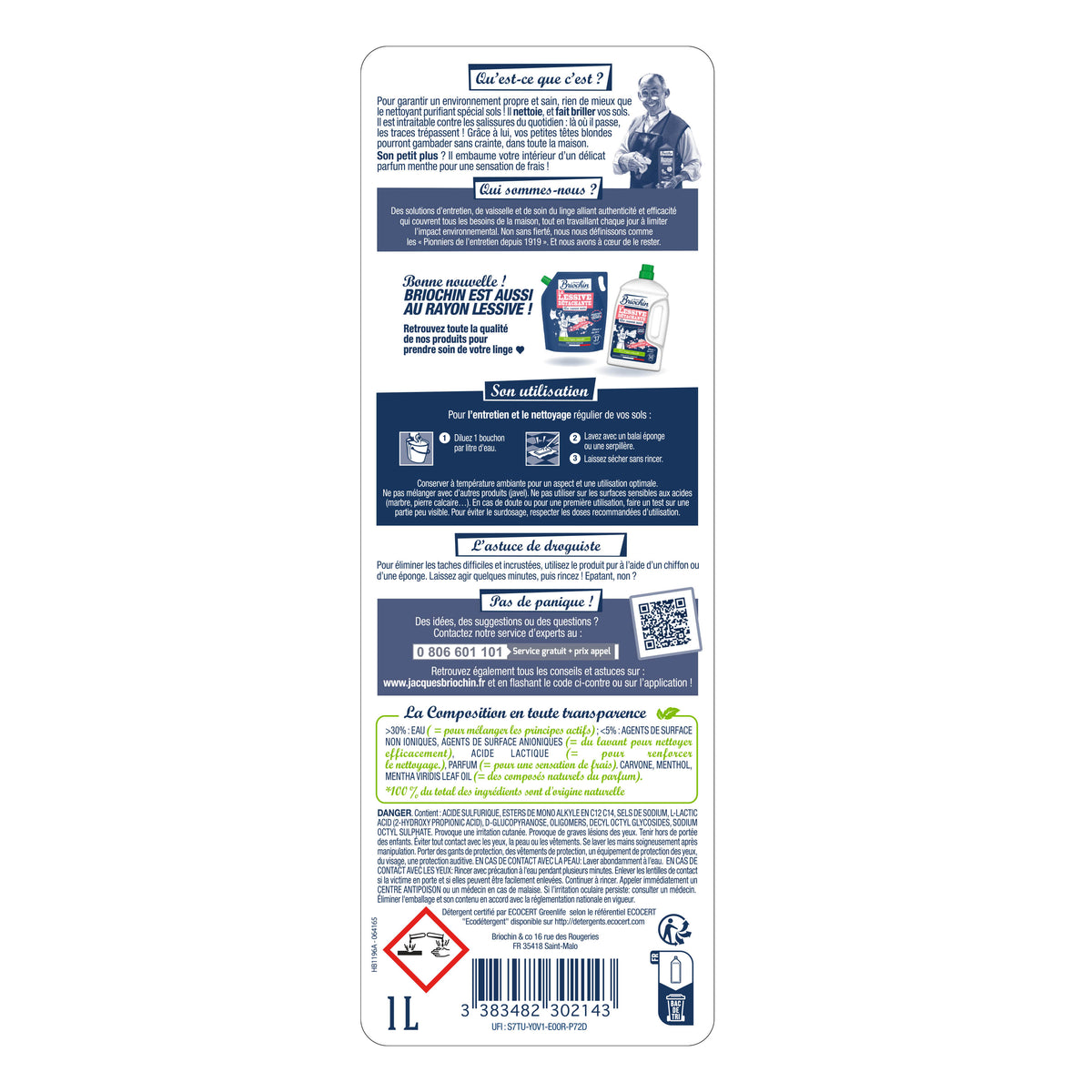 JACQUES BRIOCHIN - Nettoyant purifiant Sols et surfaces 1L Menthe eucalyptus