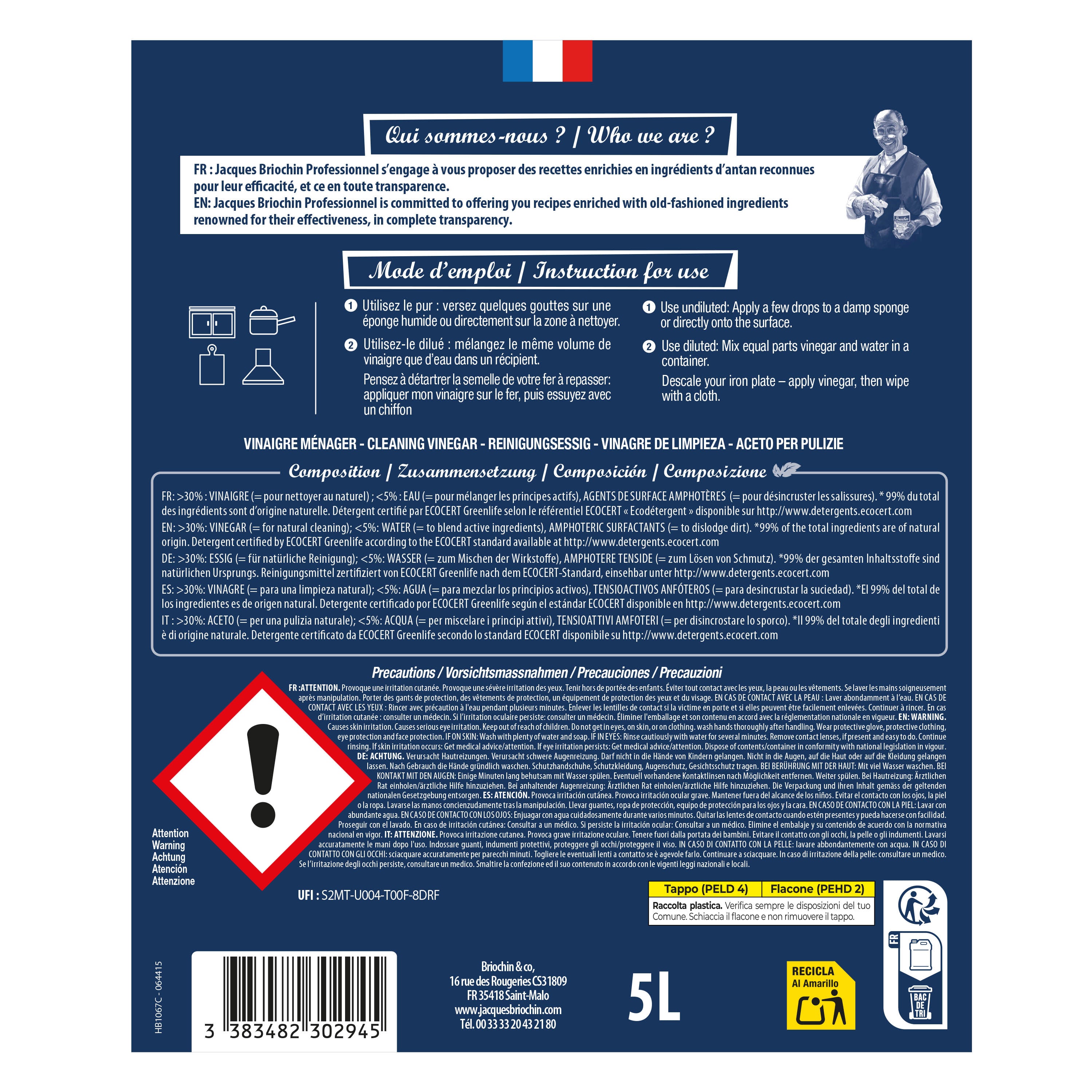 JACQUES BRIOCHIN PRO - Le vinaigre blanc de ménage Ecocert 5L Sans parfum