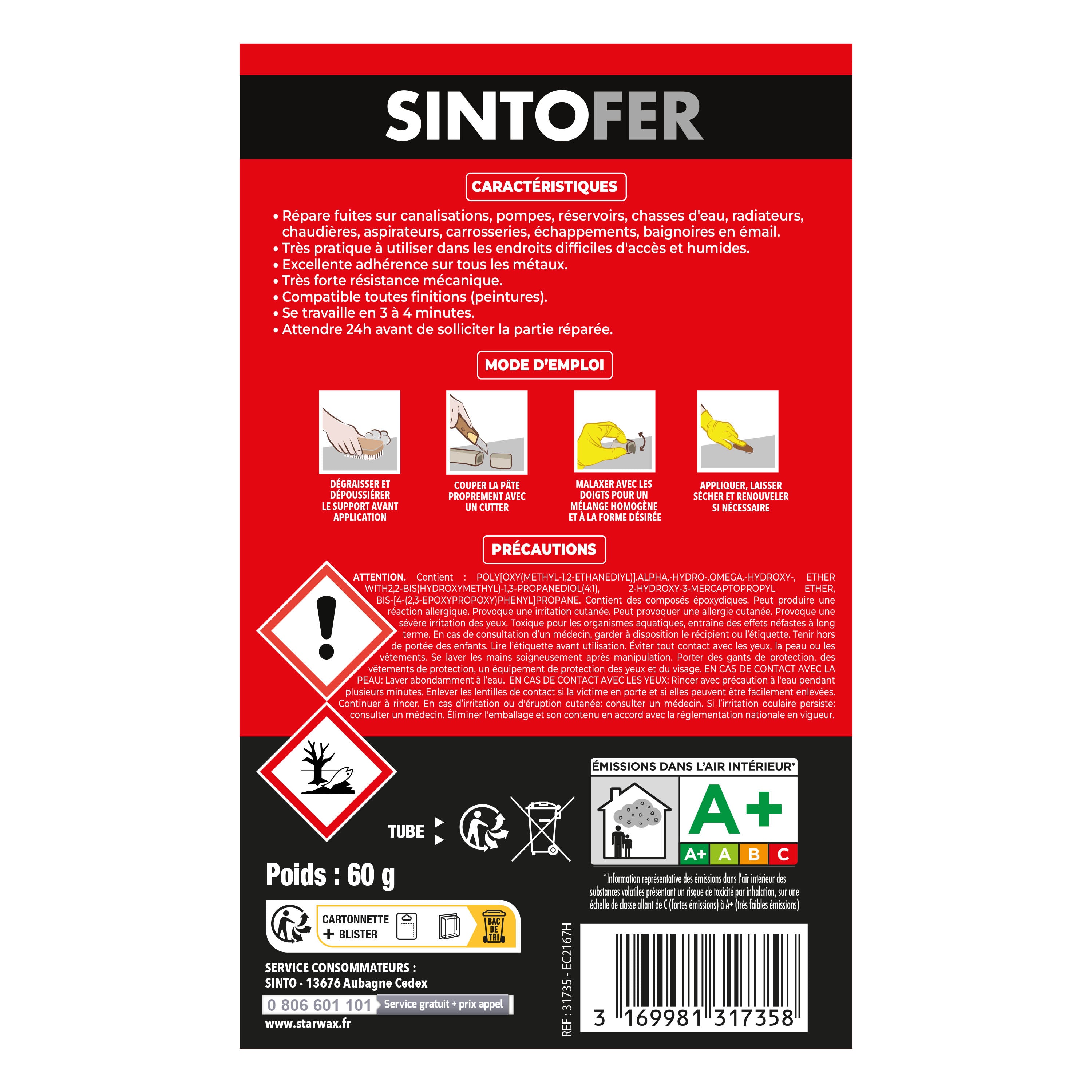 SINTO - Répare vite pâte à réparer spécial métal 60g