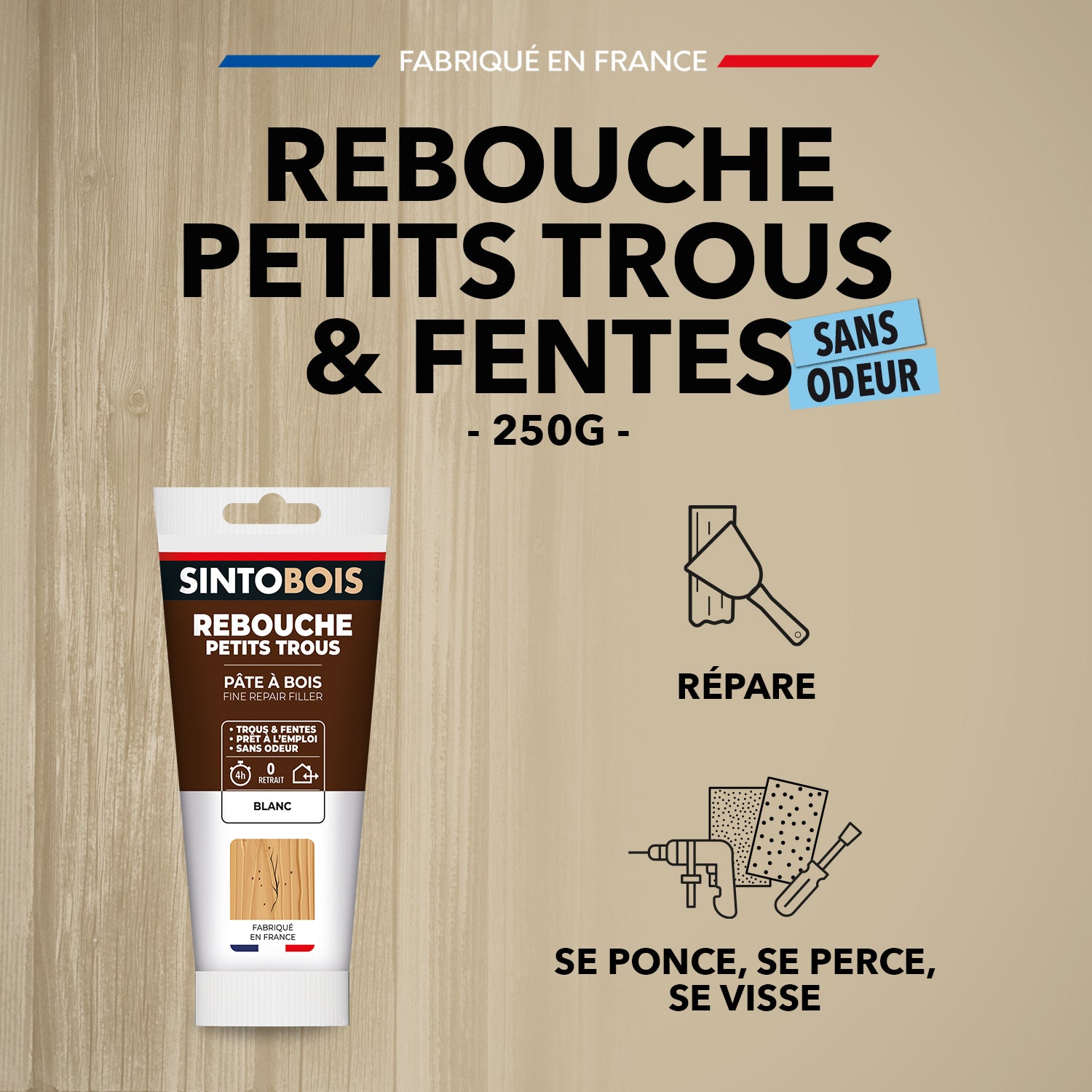 SINTO - Rebouche imperfections -  Pâte à bois naturel 80g Blanc