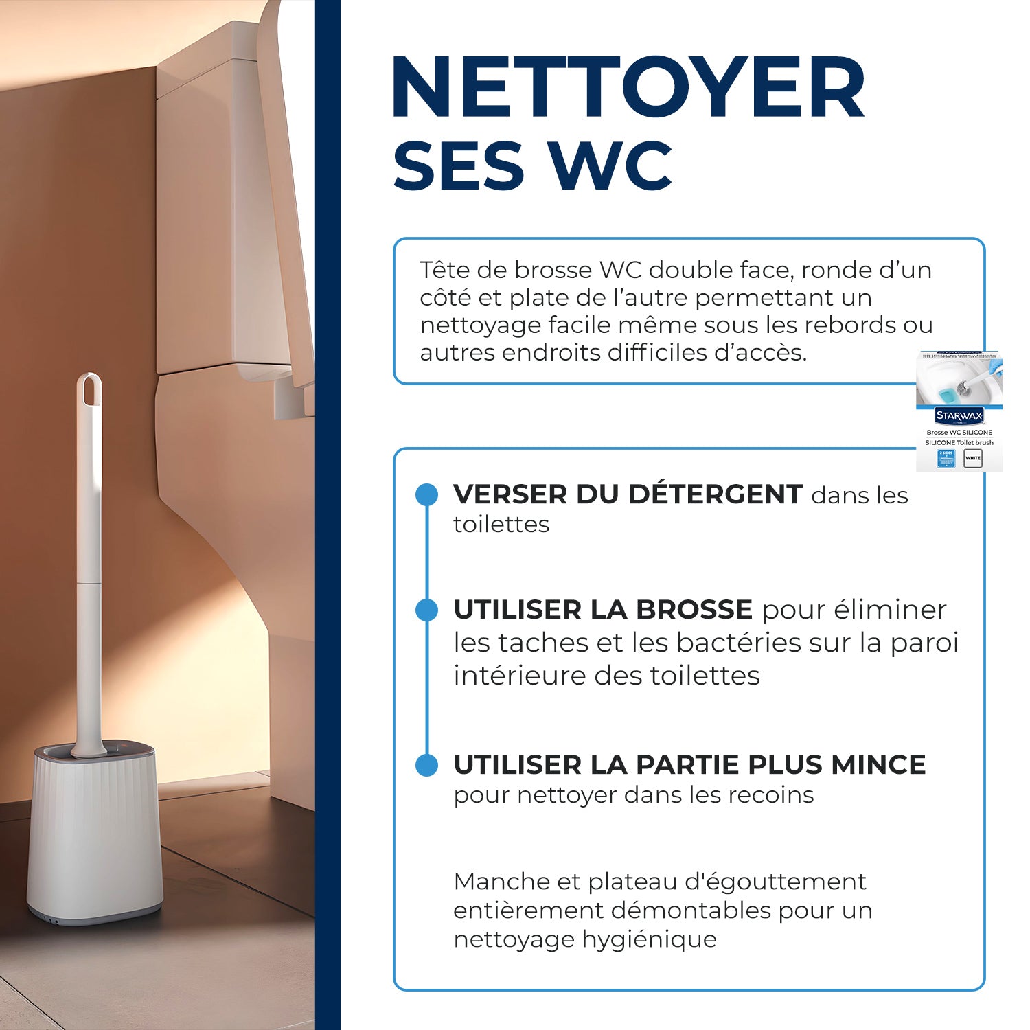 STARWAX - Balayette WC silicone avec support mural X1 Blanche