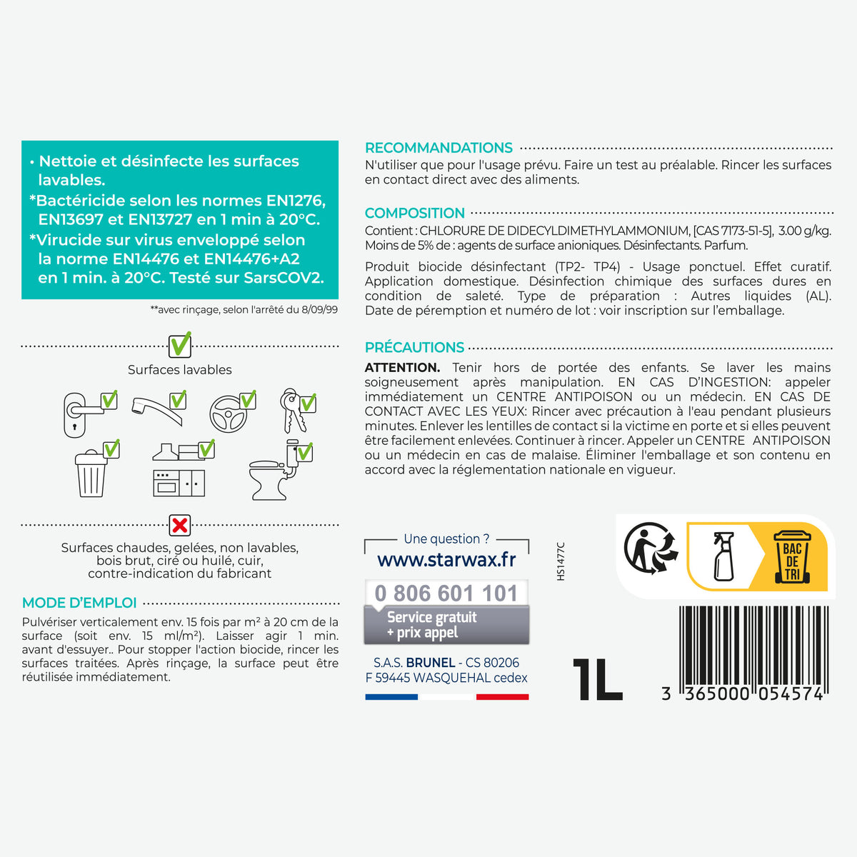 STARWAX - Désinfectant nettoyant multi-surfaces
 1L