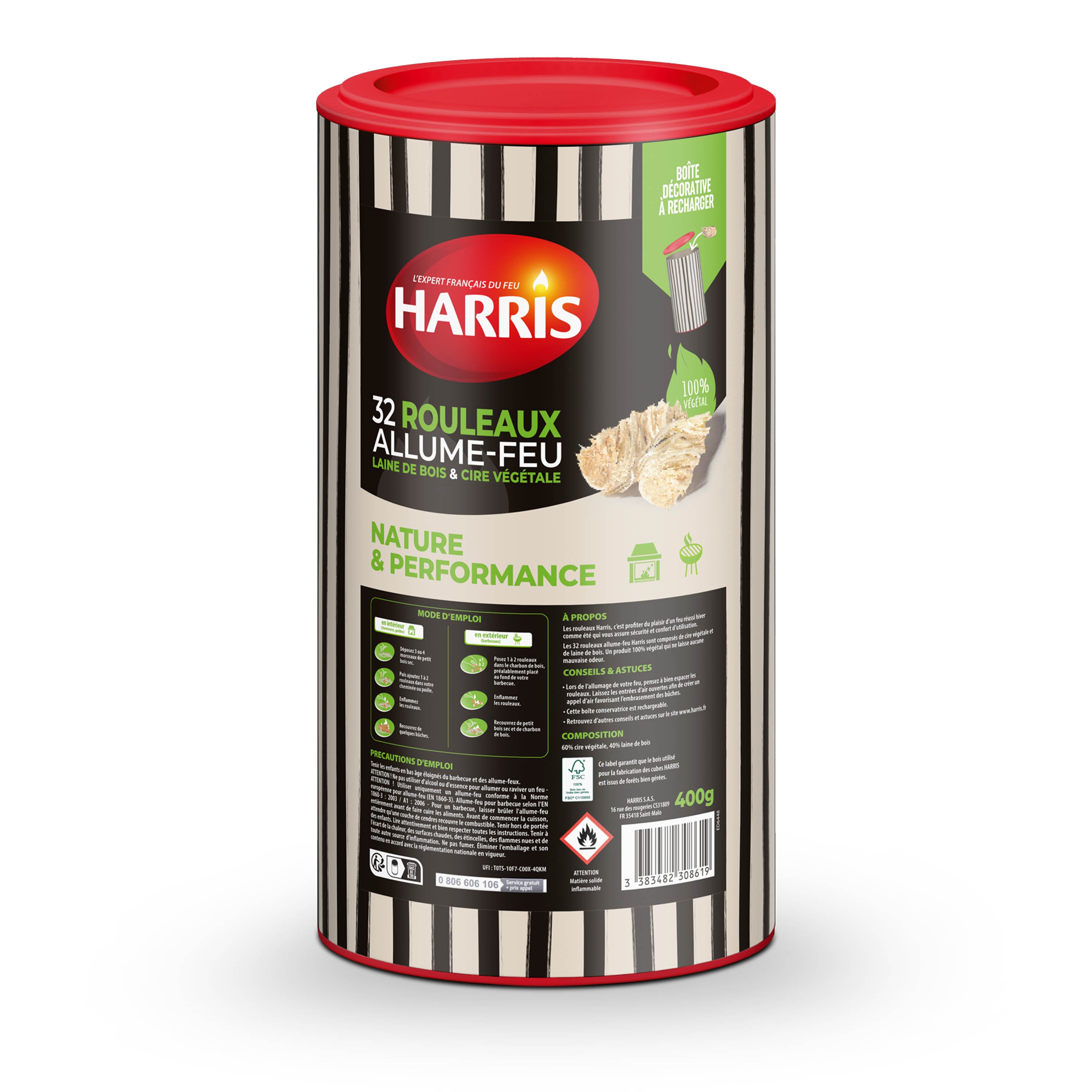 HARRIS - Cylindre Rouleaux allume feu 100% végétal x32 400g