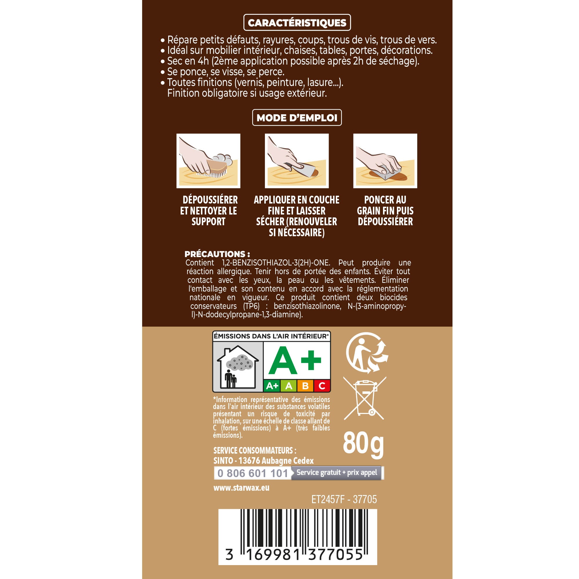 SINTO - Rebouche imperfections -  Pâte à bois naturel 80g Blanc