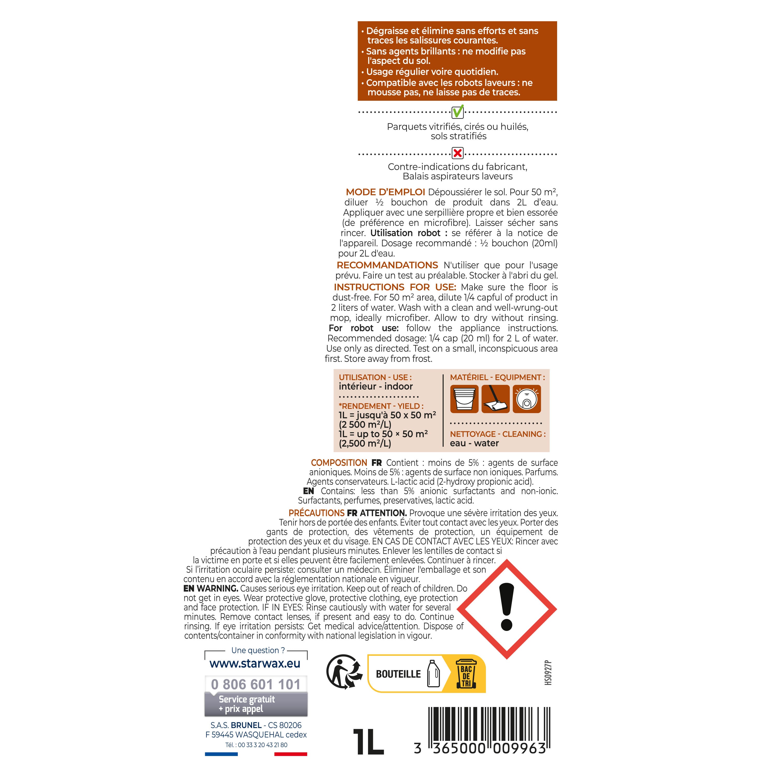 STARWAX - Nettoyant doux pour parquets et sols stratifiés
 1L