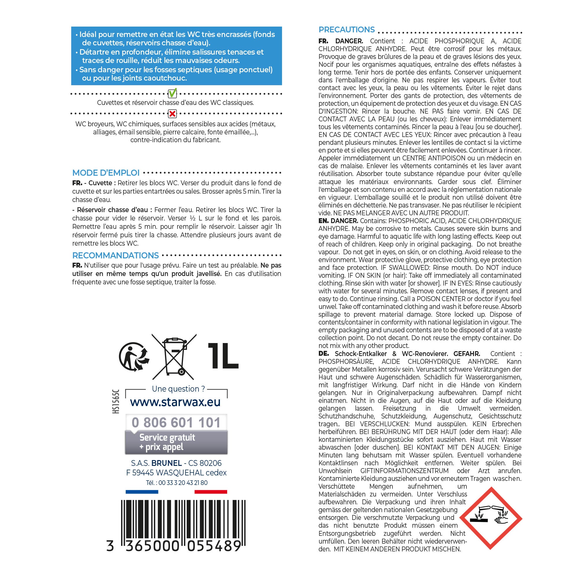 STARWAX - Décapant choc rénovateur WC - Efficacité Professionnelle 1L