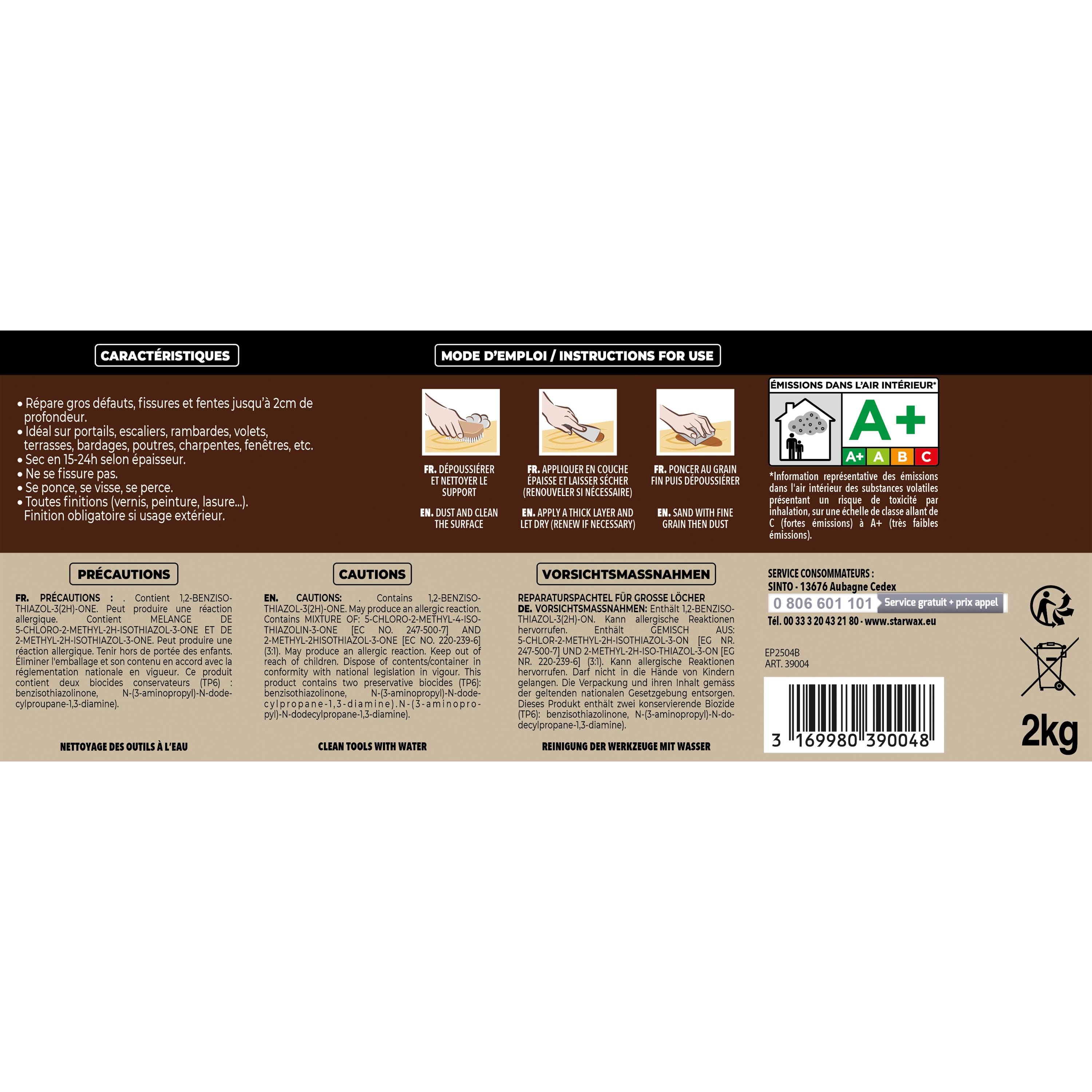 SINTO - Reboucher gros trous et fissures dans le bois clair 330g Bois clair