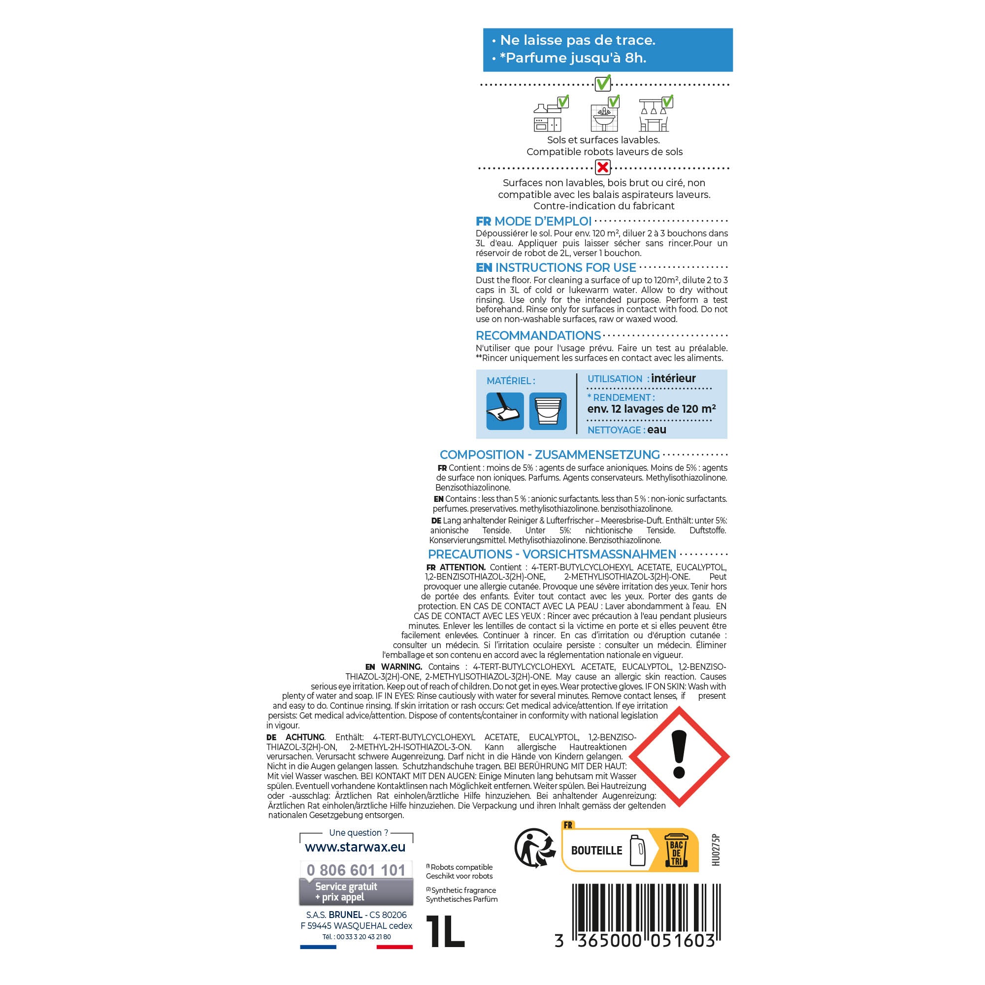 STARWAX - Nettoyant désodorisant longue durée parfum brise marine 1L Parfum brise marine