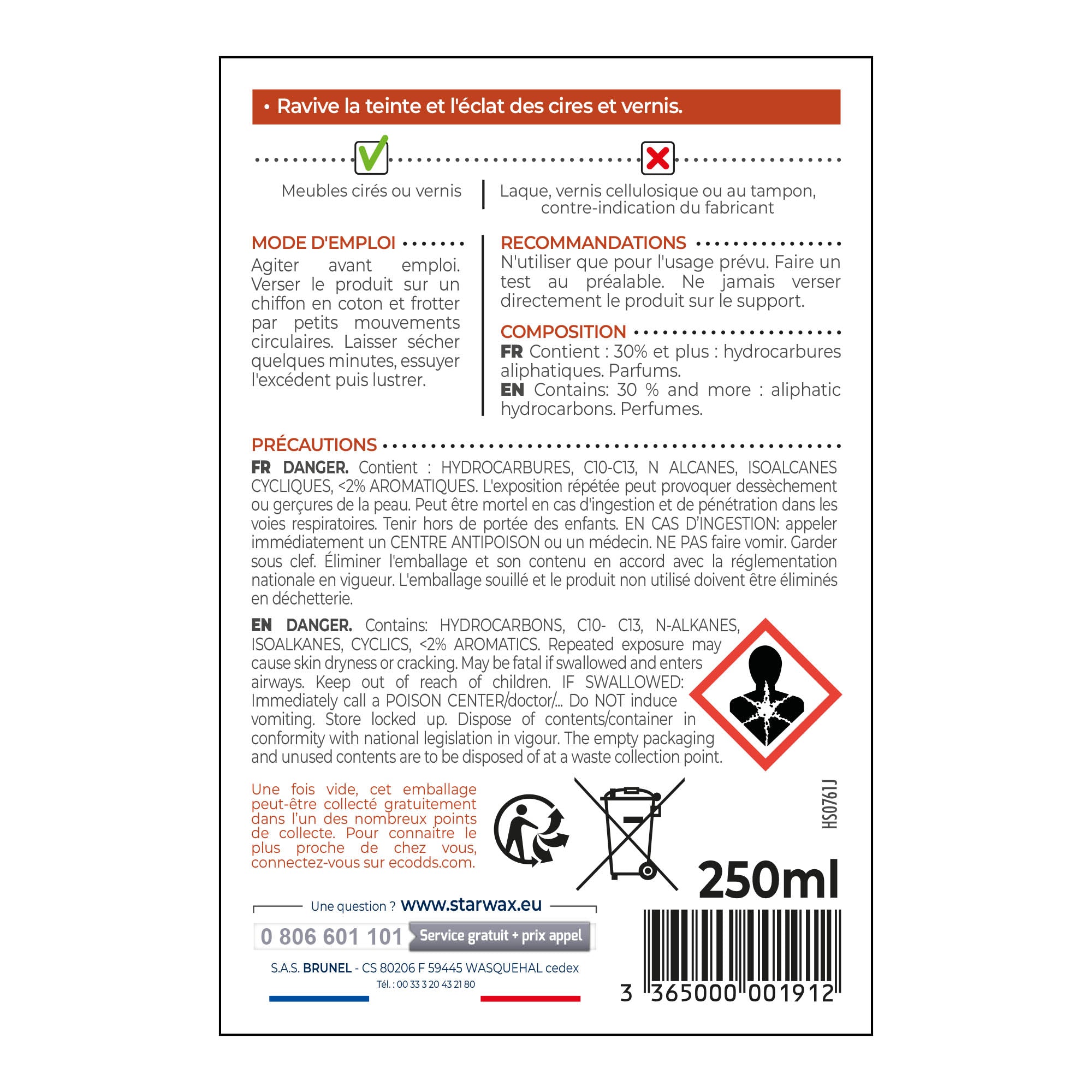 STARWAX - Régénérateur pour meubles cirés et vernis 250ml Bois clair