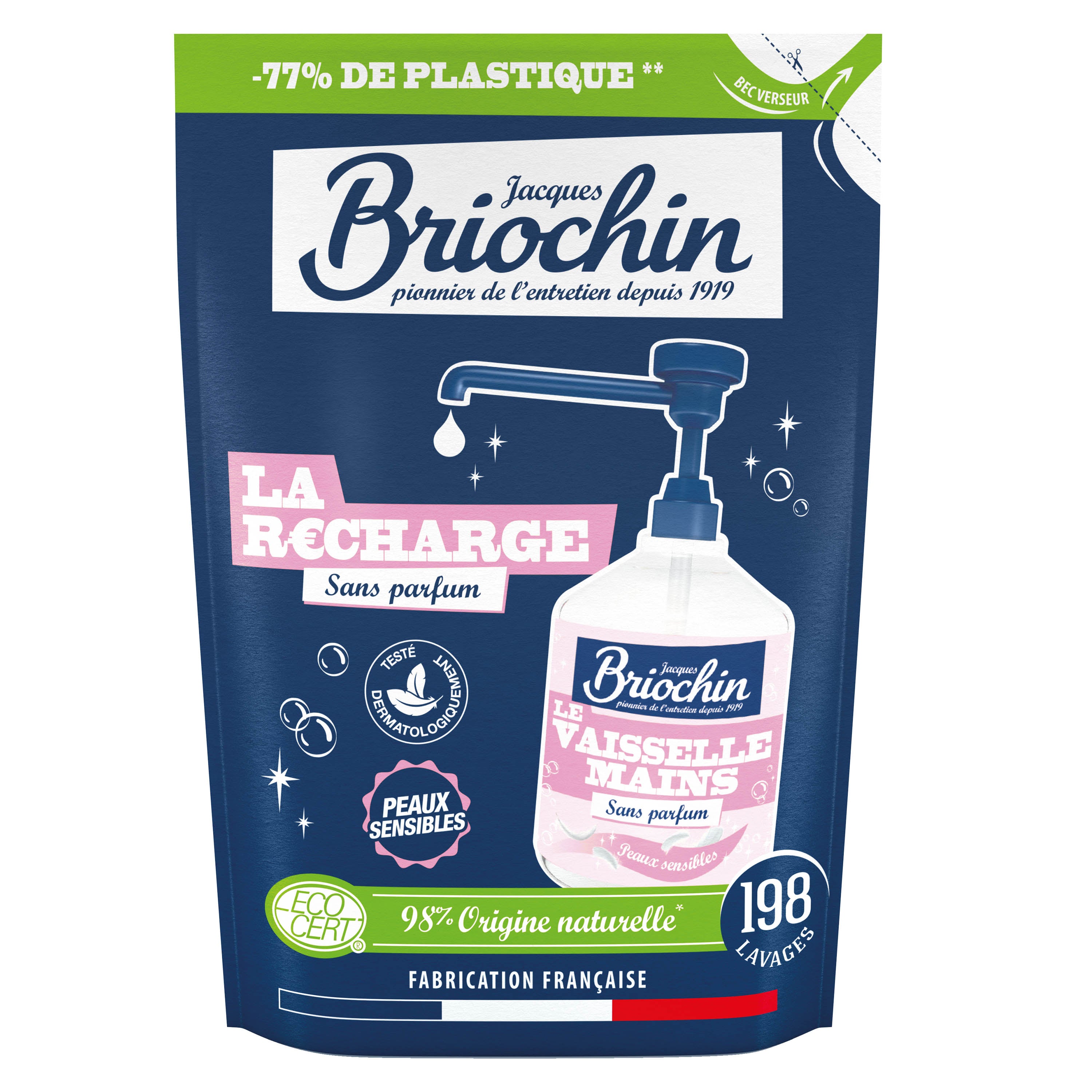 JACQUES BRIOCHIN - Recharge Liquide Vaisselle Mains spécial peaux sensibles Sans parfum 450ml Sans parfum