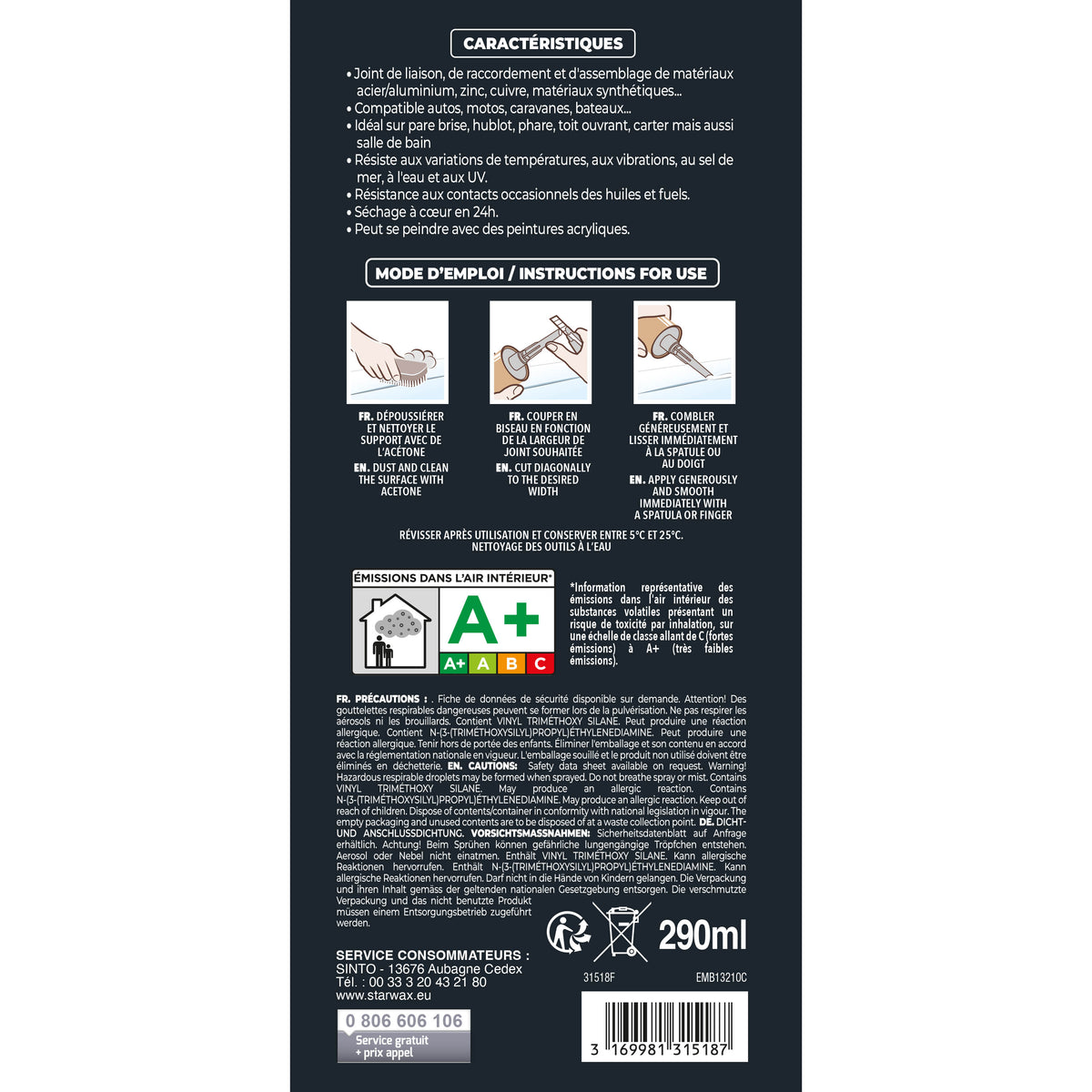 SINTO - Joint mastic auto marine 290ml Blanc