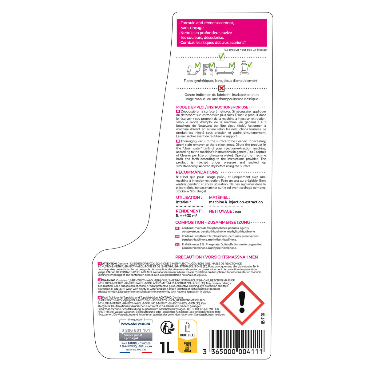 STARWAX - Nettoyant méthode "pro" pour tapis et moquettes 1L