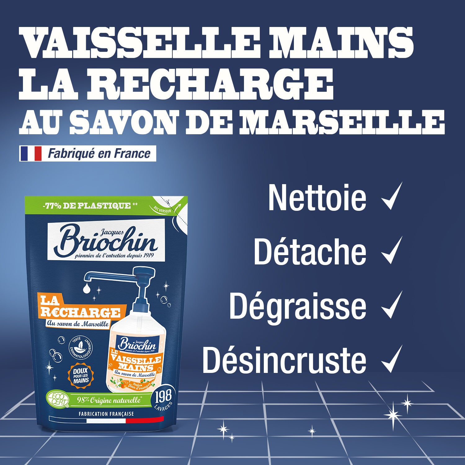 JACQUES BRIOCHIN - Recharge liquide Vaisselle Mains Savon liquide de Marseille 500ml Fleur d'oranger