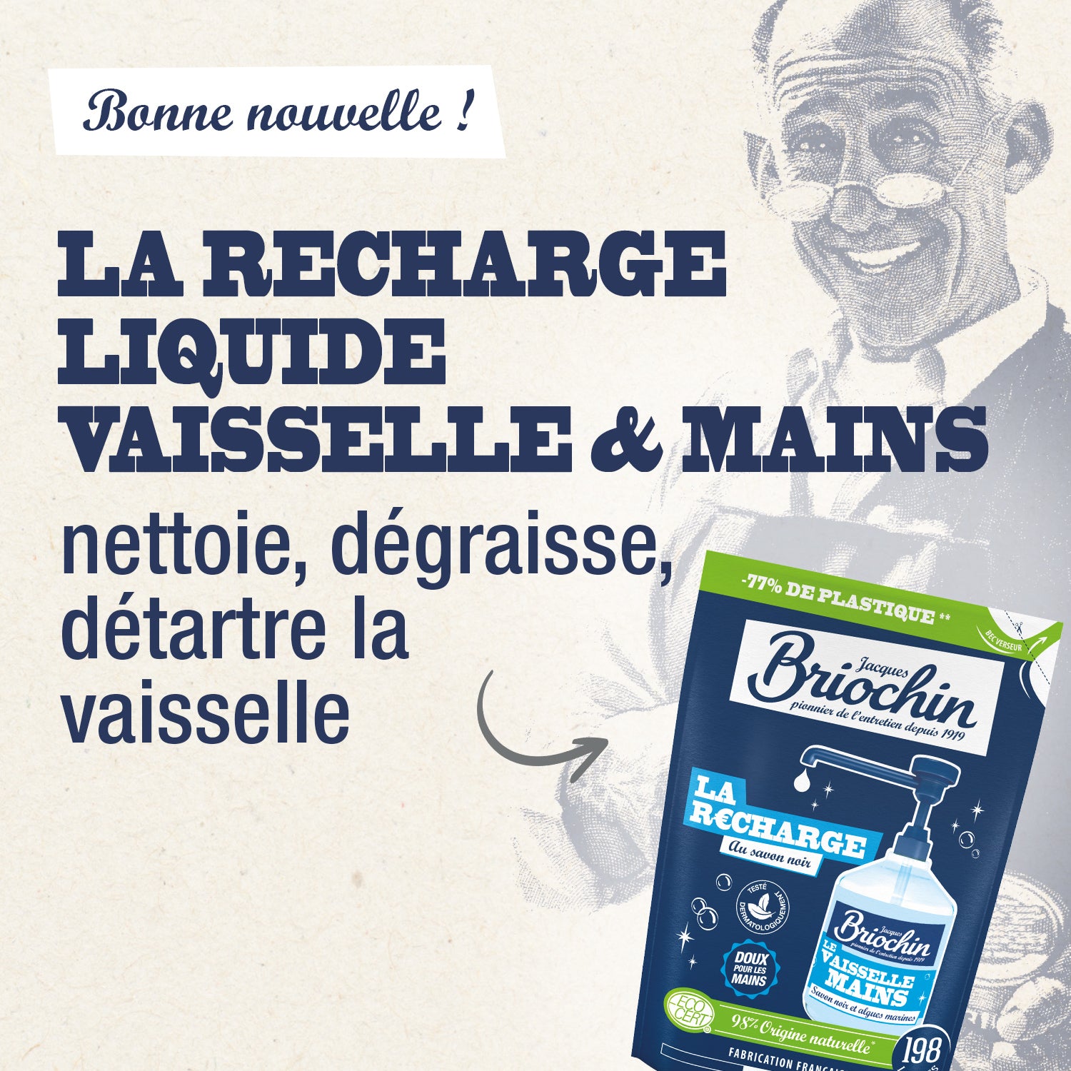 JACQUES BRIOCHIN - Recharge Liquide Vaisselle Mains Savon noir & Algues Marines 450ml Algues Marines