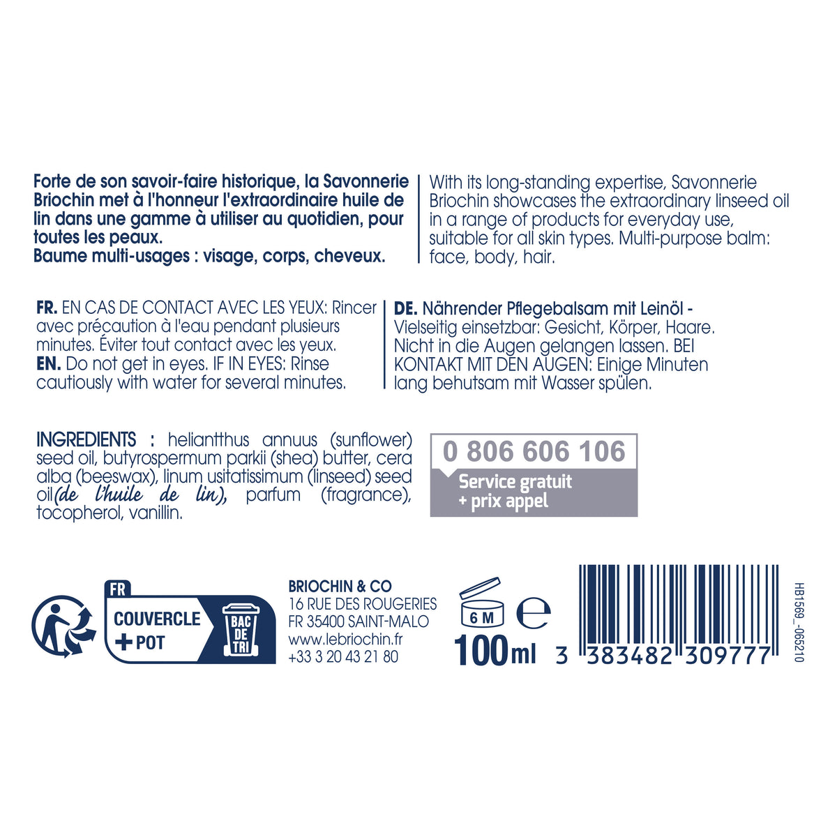 SAVONNERIE BRIOCHIN - Le Baume nourrissant à l'extraordinaire huile de lin 100ml