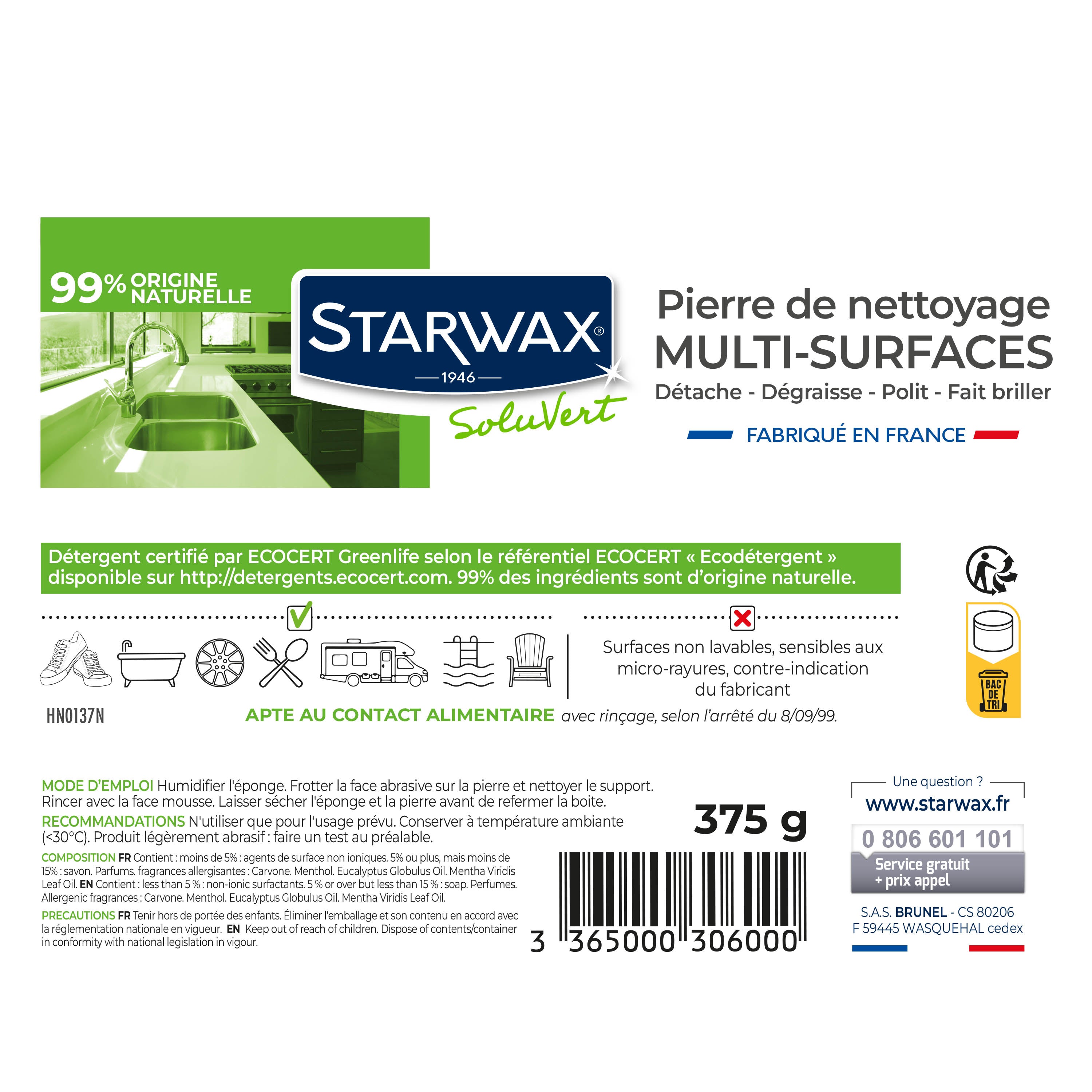 STARWAX SOLUVERT - Pierre blanche de nettoyage multi-surfaces 375g