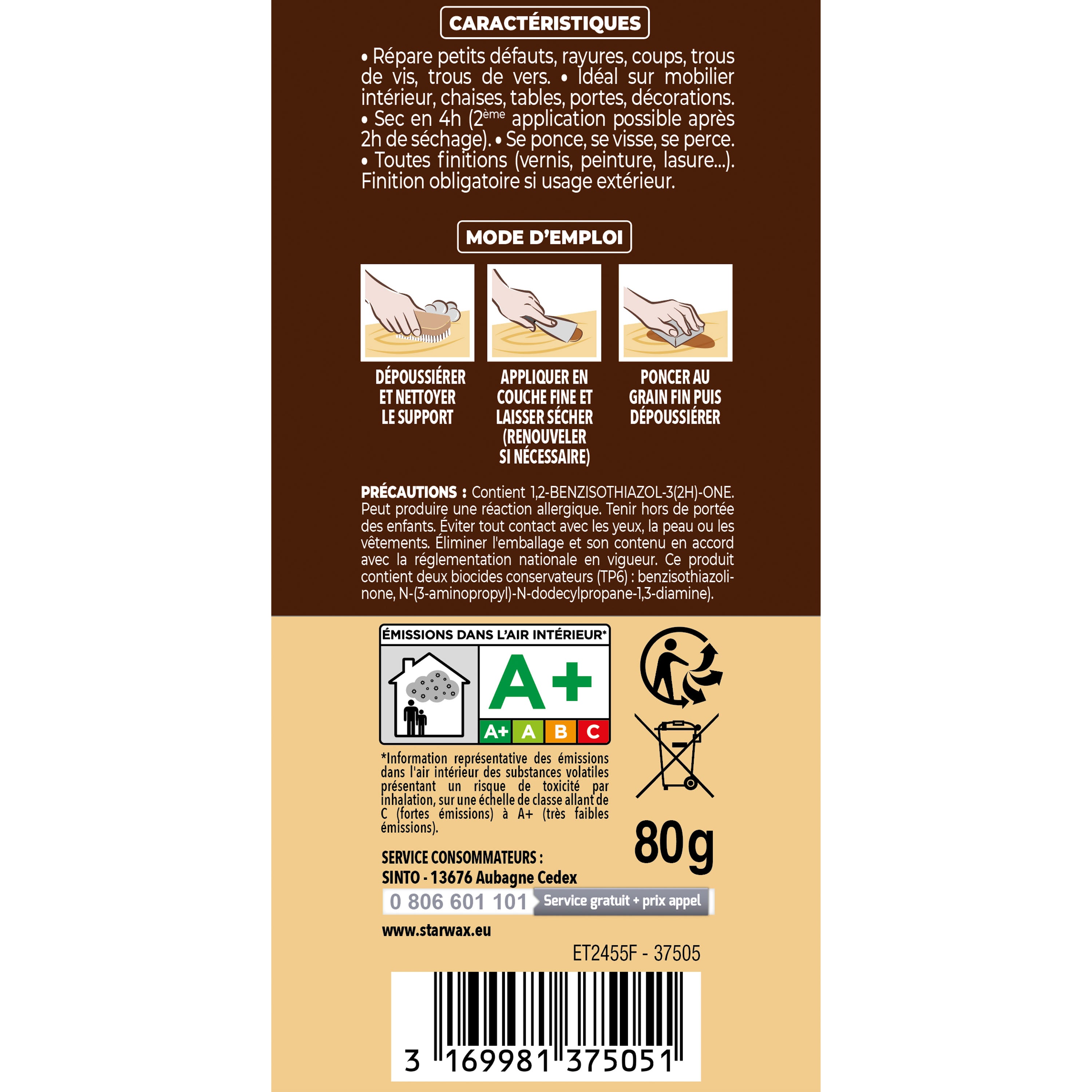 SINTO - Rebouche imperfections -  Pâte à bois naturel 80g Blanc