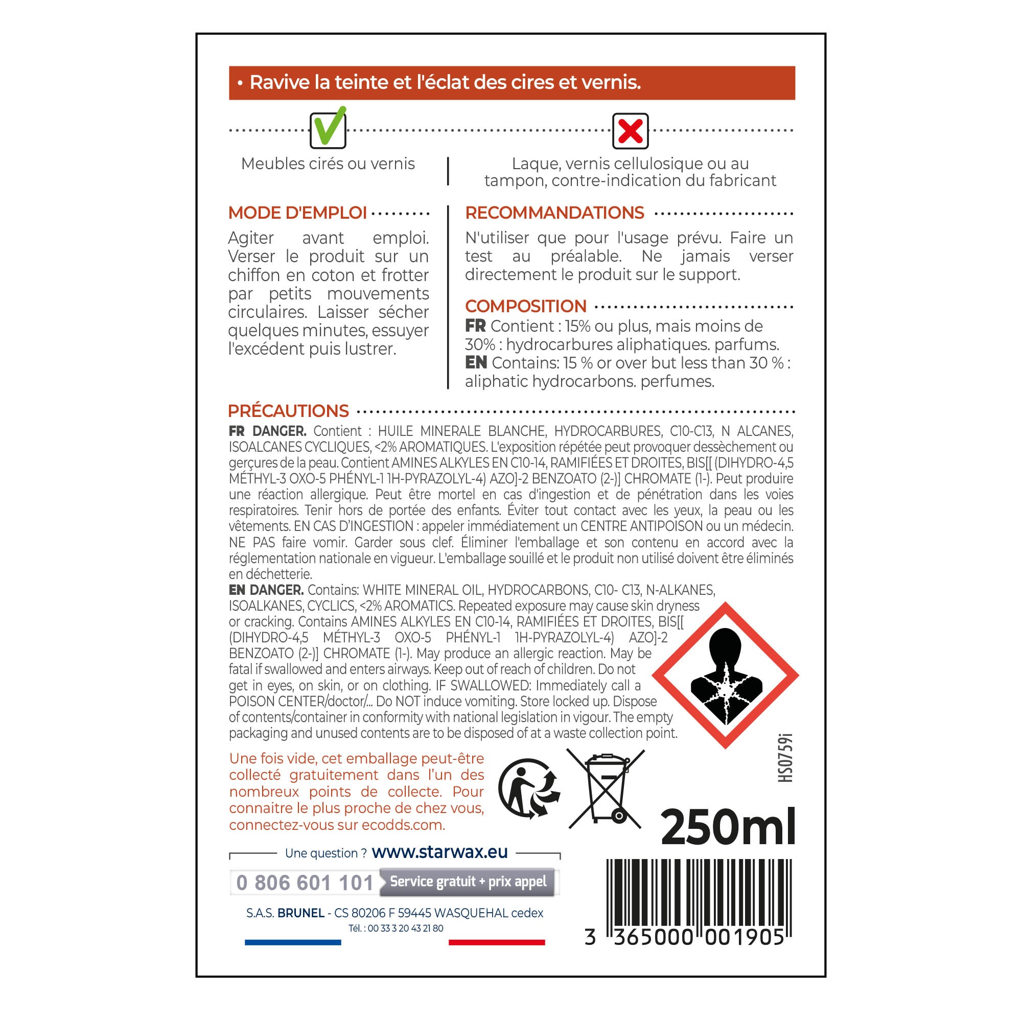 STARWAX - Régénérateur pour meubles cirés et vernis 250ml Bois clair