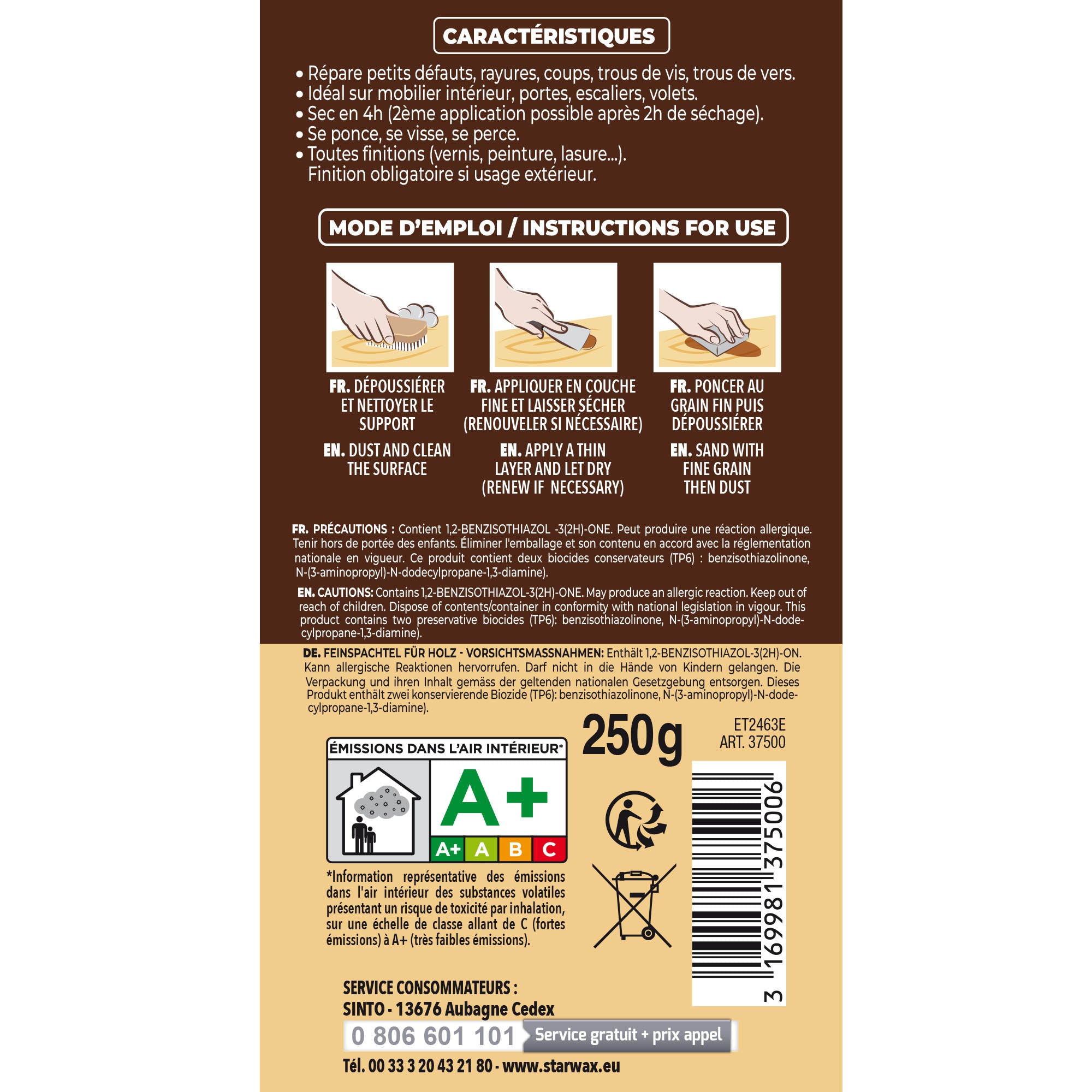 SINTO - Rebouche imperfections -  Pâte à bois naturel 80g Blanc