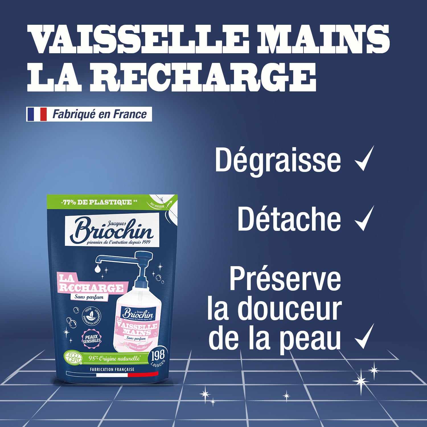 JACQUES BRIOCHIN - Recharge Liquide Vaisselle Mains spécial peaux sensibles Sans parfum 450ml Sans parfum