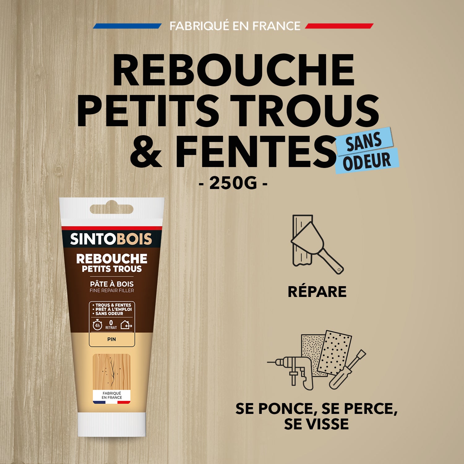 SINTO - Rebouche imperfections -  Pâte à bois naturel 80g Blanc