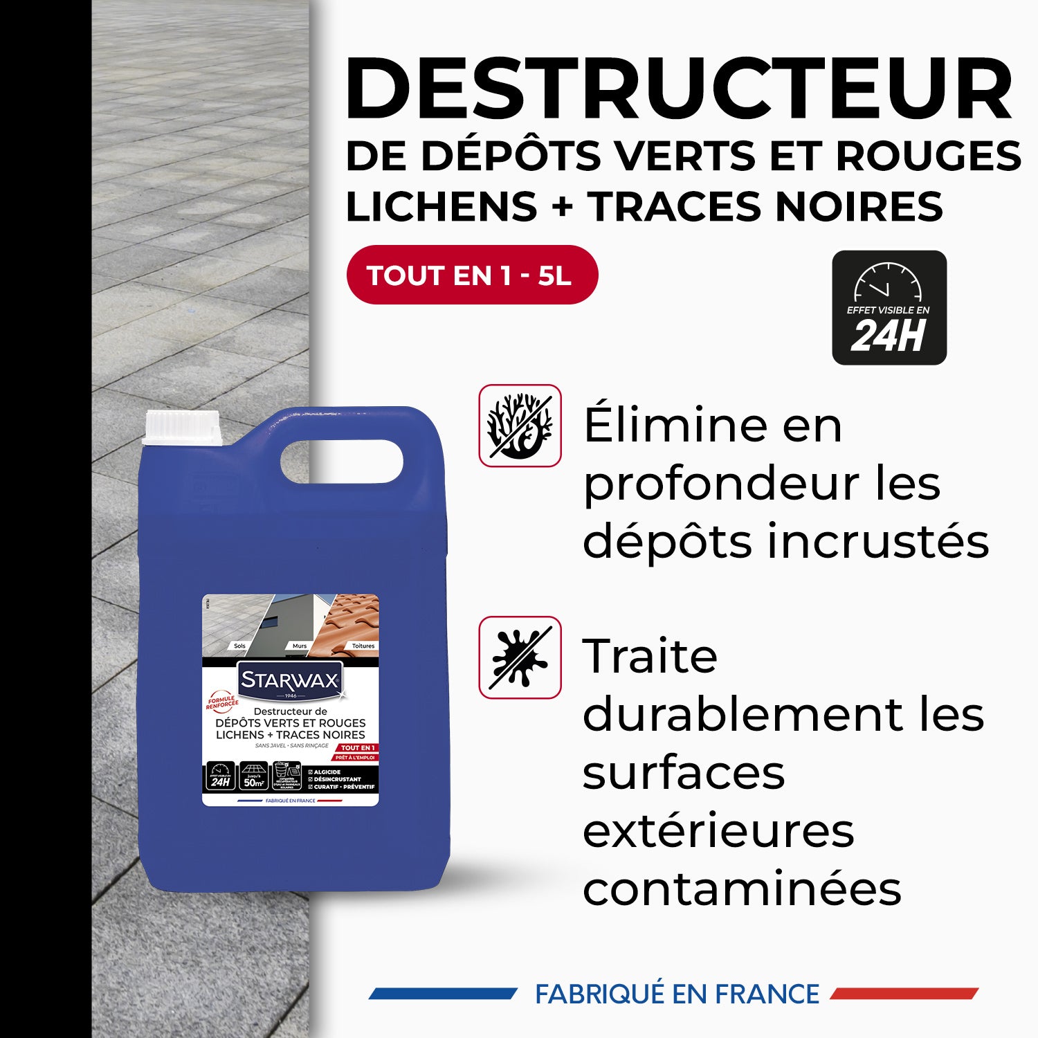 STARWAX - Destructeur de dépôts verts, rouges, lichens et traces noires prêt à l'emploi pour toitures, murs et sols extérieurs 1L