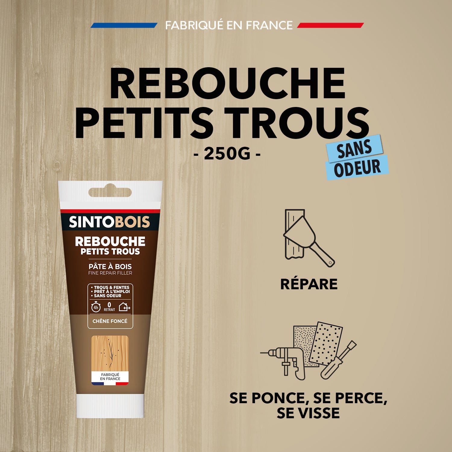 SINTO - Rebouche imperfections -  Pâte à bois naturel 80g Blanc