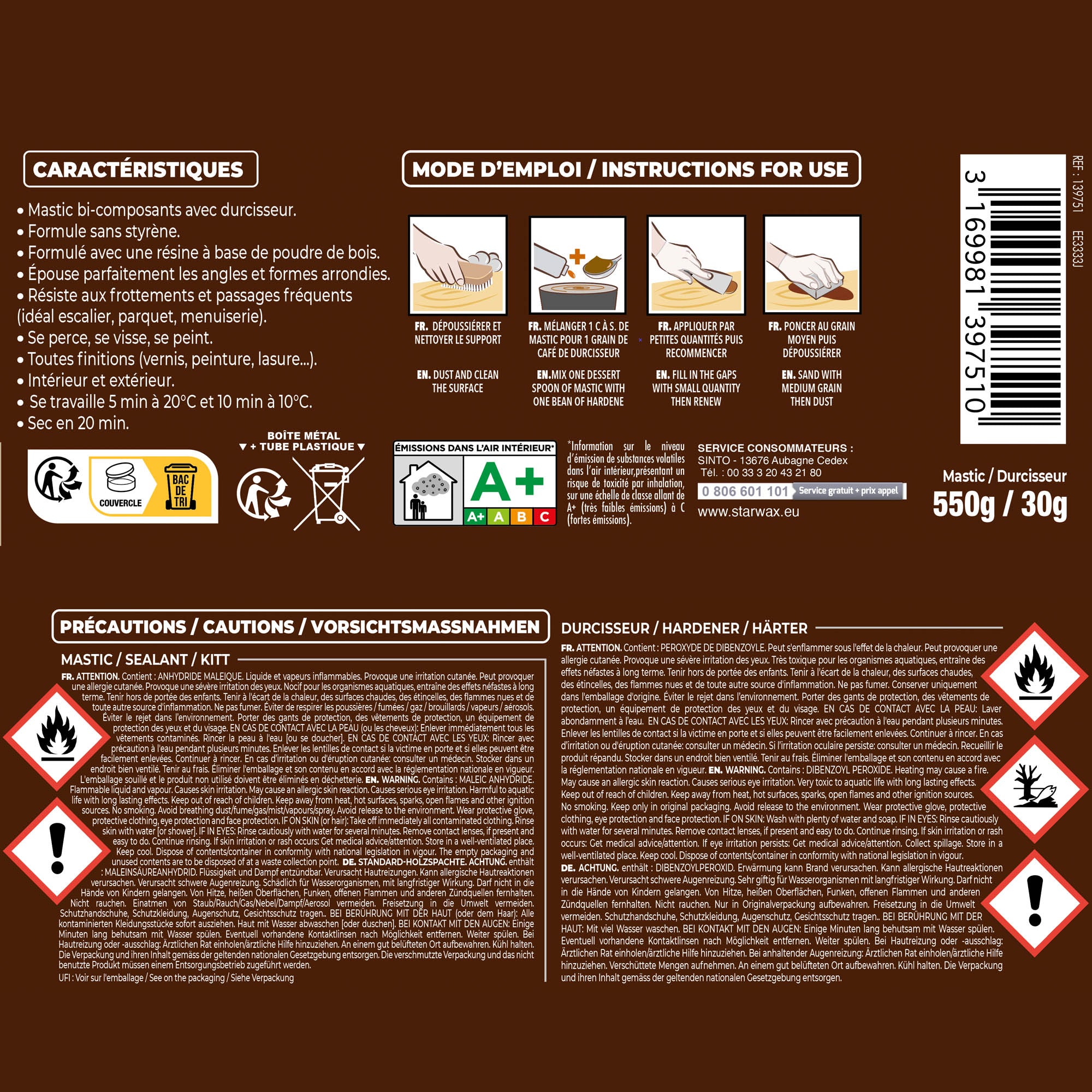 SINTO - Reconstitue angles et gros trous 500ml Chêne