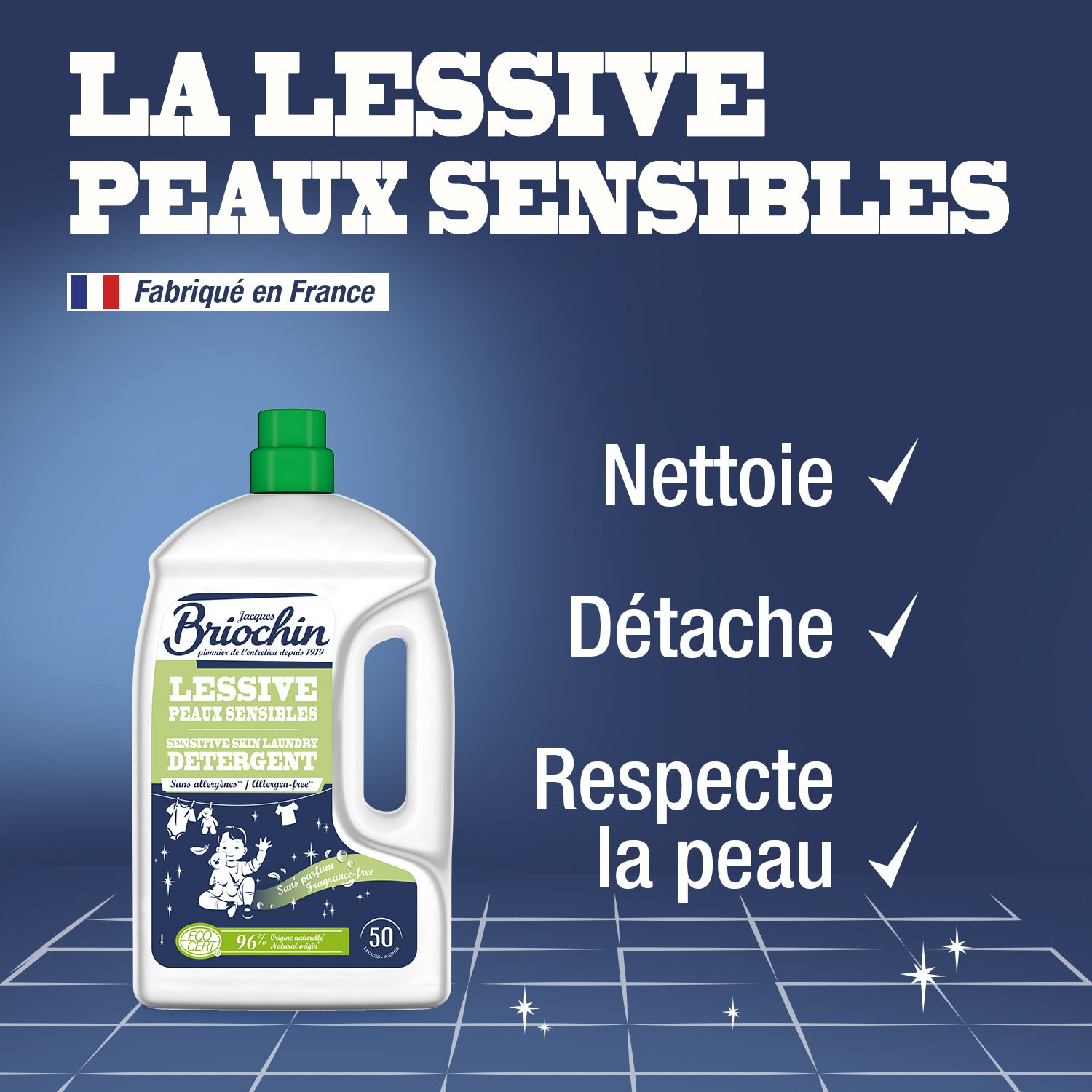 JACQUES BRIOCHIN - Ma Lessive Peaux Sensibles  – Sans parfum- 50 lavages 2,27l Sans parfum