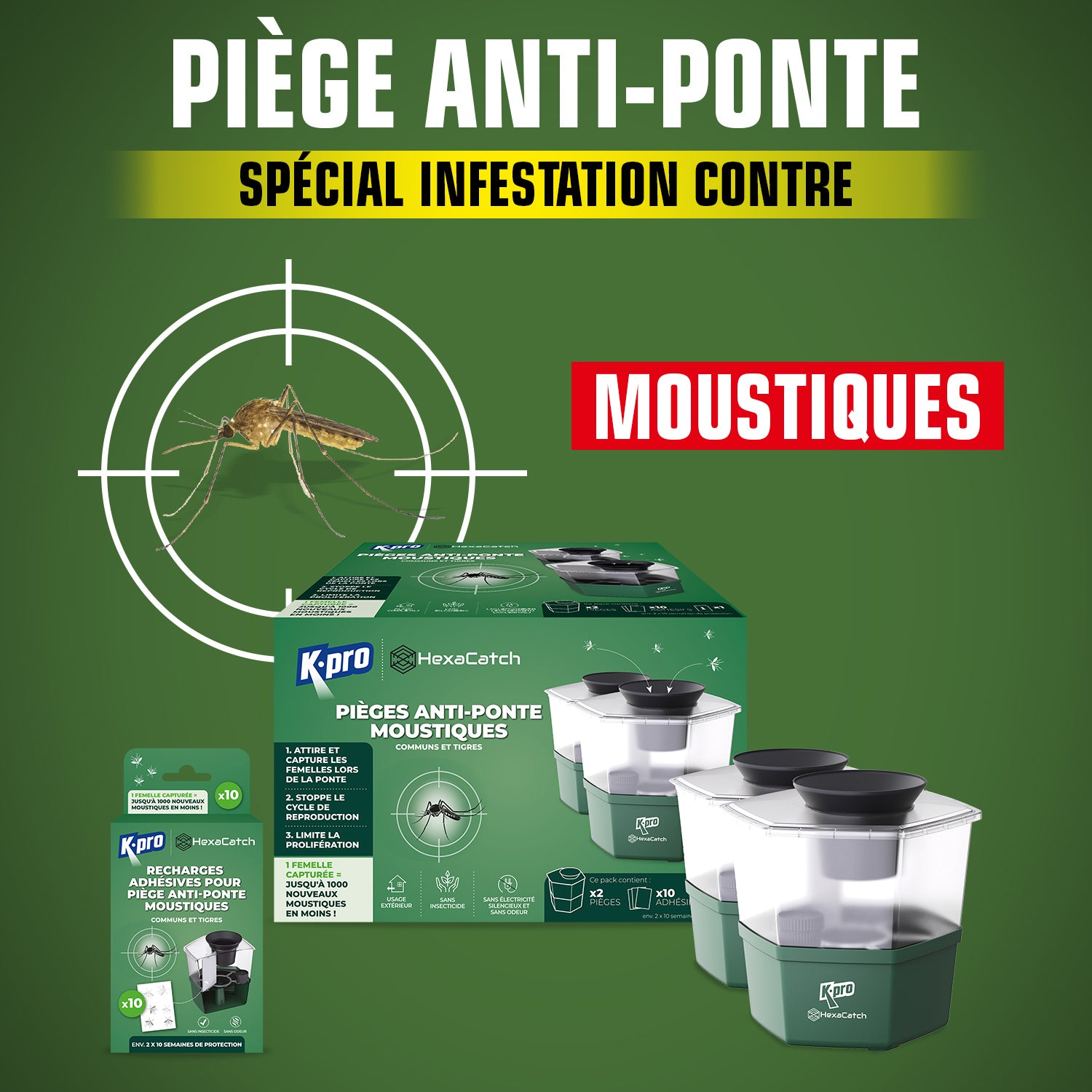 K.PRO - Pack de 2 Pièges anti-ponte moustiques communs et tigres  + 10 adhésifs 2 Pièges + 10 adhésifs