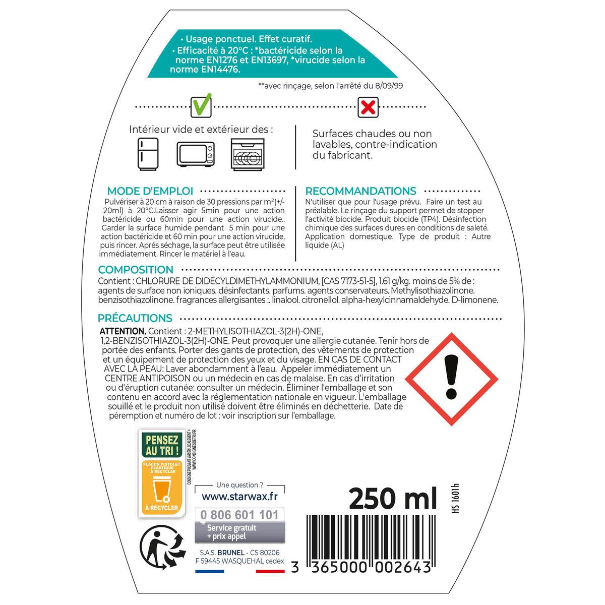 STARWAX - Désinfectant pour réfrigérateur et micro-ondes 250ml