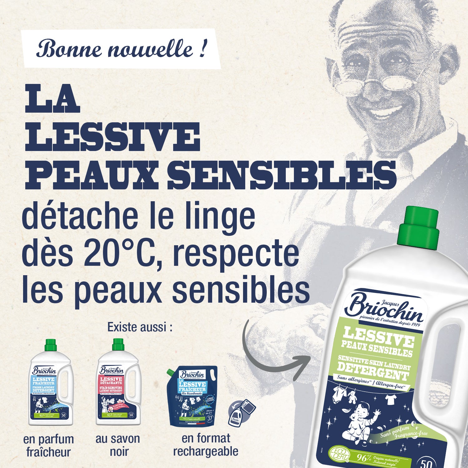 JACQUES BRIOCHIN - Ma Lessive Peaux Sensibles  – Sans parfum- 50 lavages 2,27l Sans parfum
