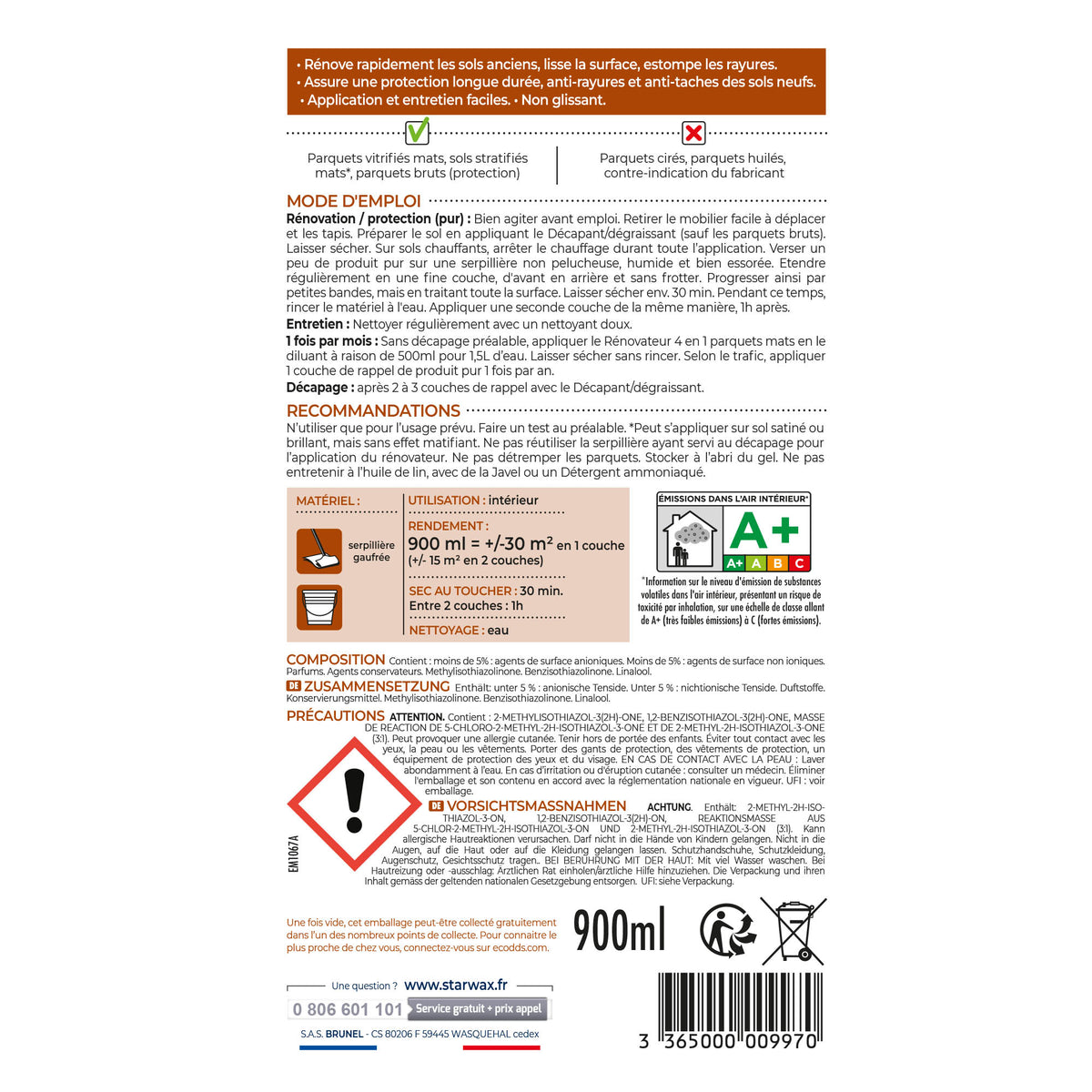 STARWAX - Rénovateur 4 en 1 Parquets mats et stratifiés 1L