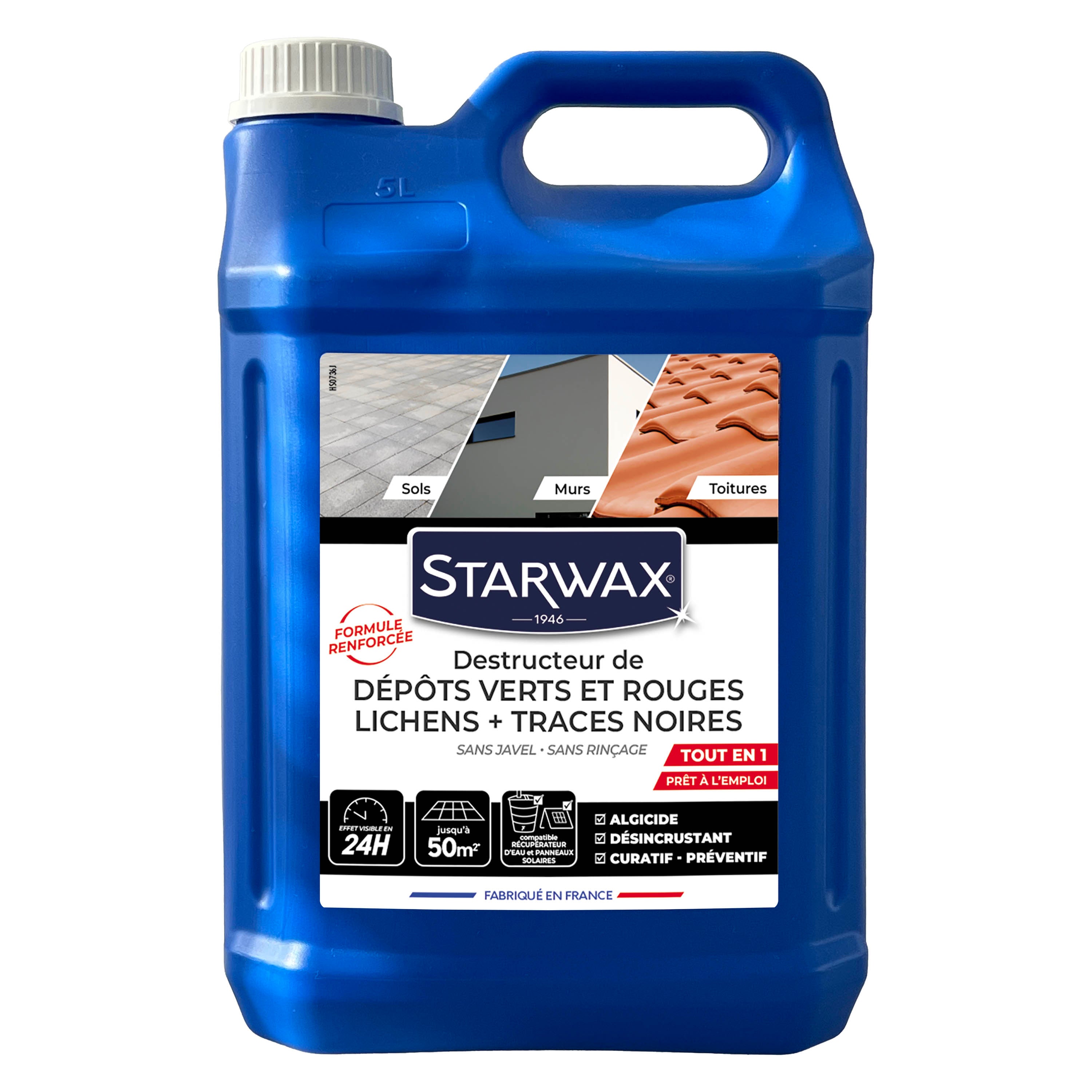 STARWAX - Destructeur de dépôts verts, rouges, lichens et traces noires prêt à l'emploi pour toitures, murs et sols extérieurs 1L