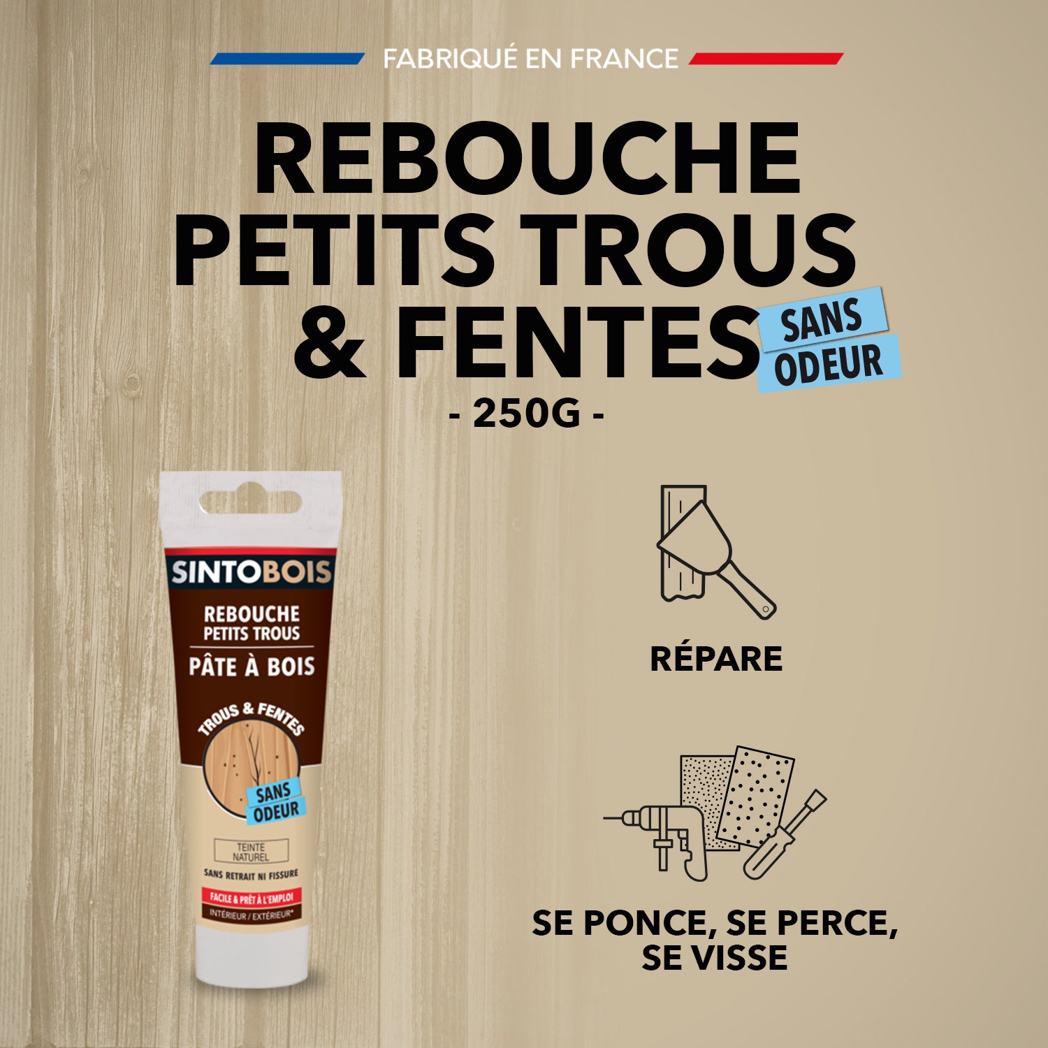 SINTO - Rebouche imperfections -  Pâte à bois naturel 80g Blanc