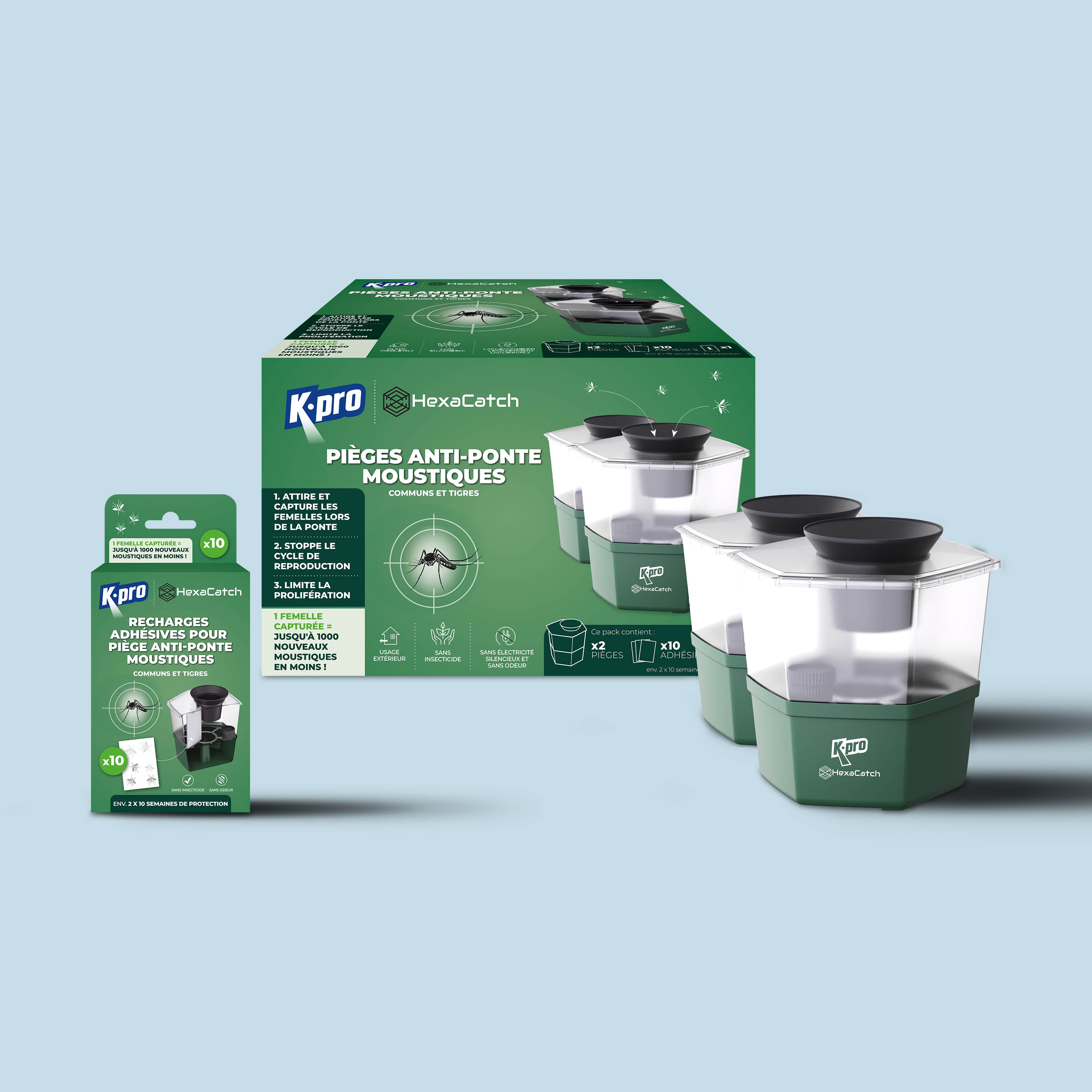 K.PRO - Pack de 2 Pièges anti-ponte moustiques communs et tigres  + 10 adhésifs 2 Pièges + 10 adhésifs