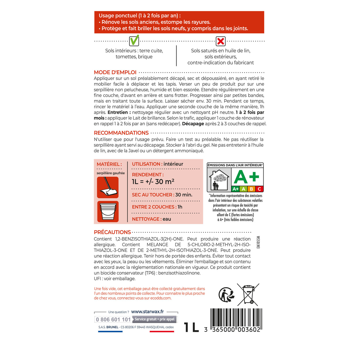 STARWAX - Rénovateur brillant protecteur pour tomettes et terres cuites 1L incolore 
 1L