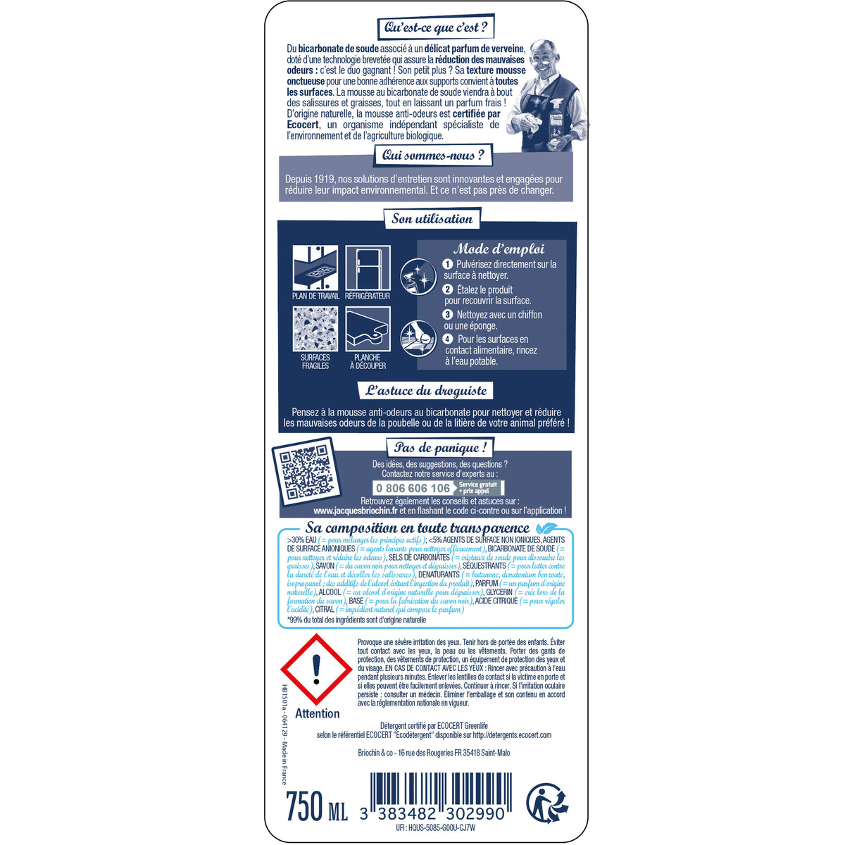 JACQUES BRIOCHIN - Mousse nettoyante au Bicarbonate de Soude - Parfum verveine 750ml Verveine