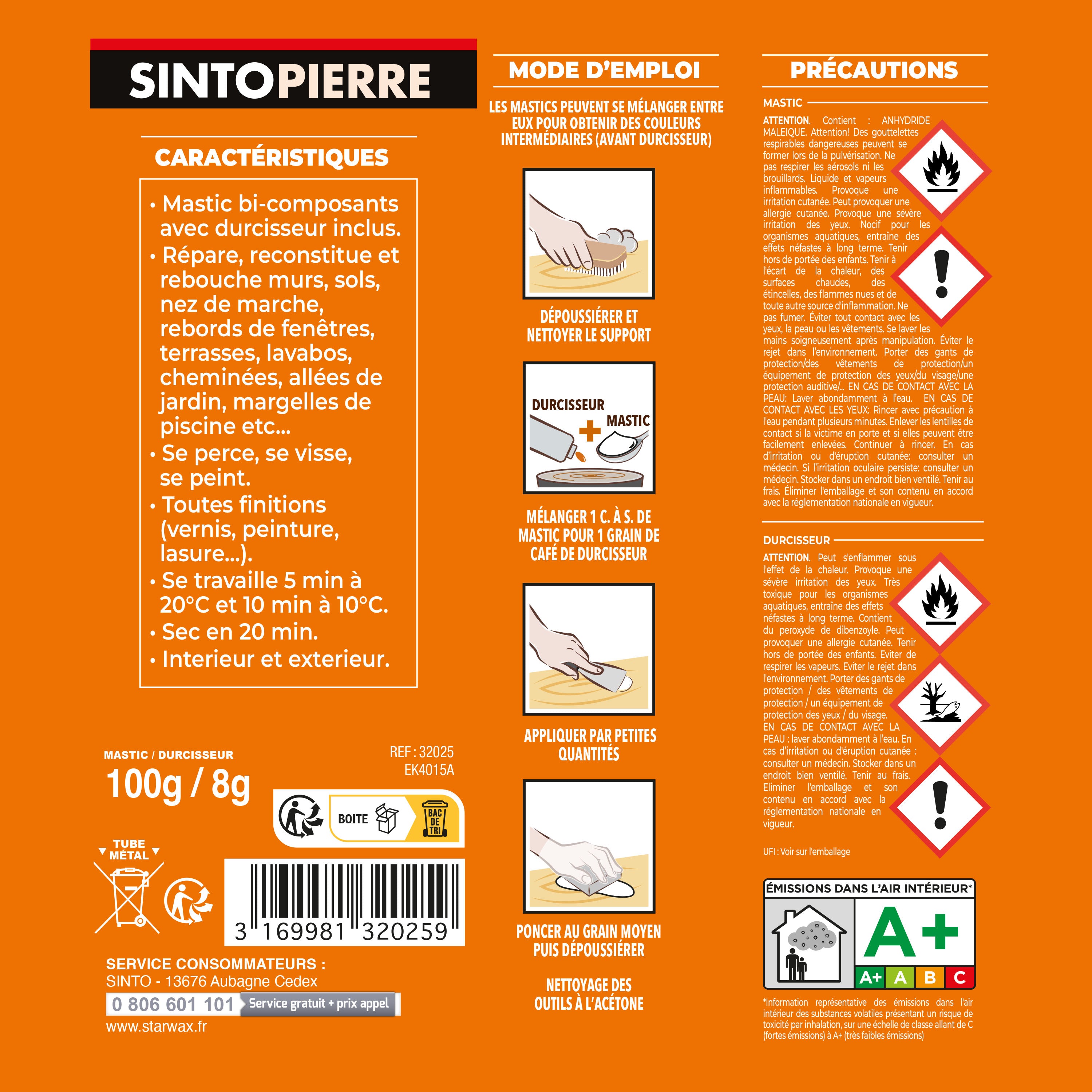 SINTO - Répare sols et murs blanc (marbre, faïence, carrelage, plâtre) 280g Blanc