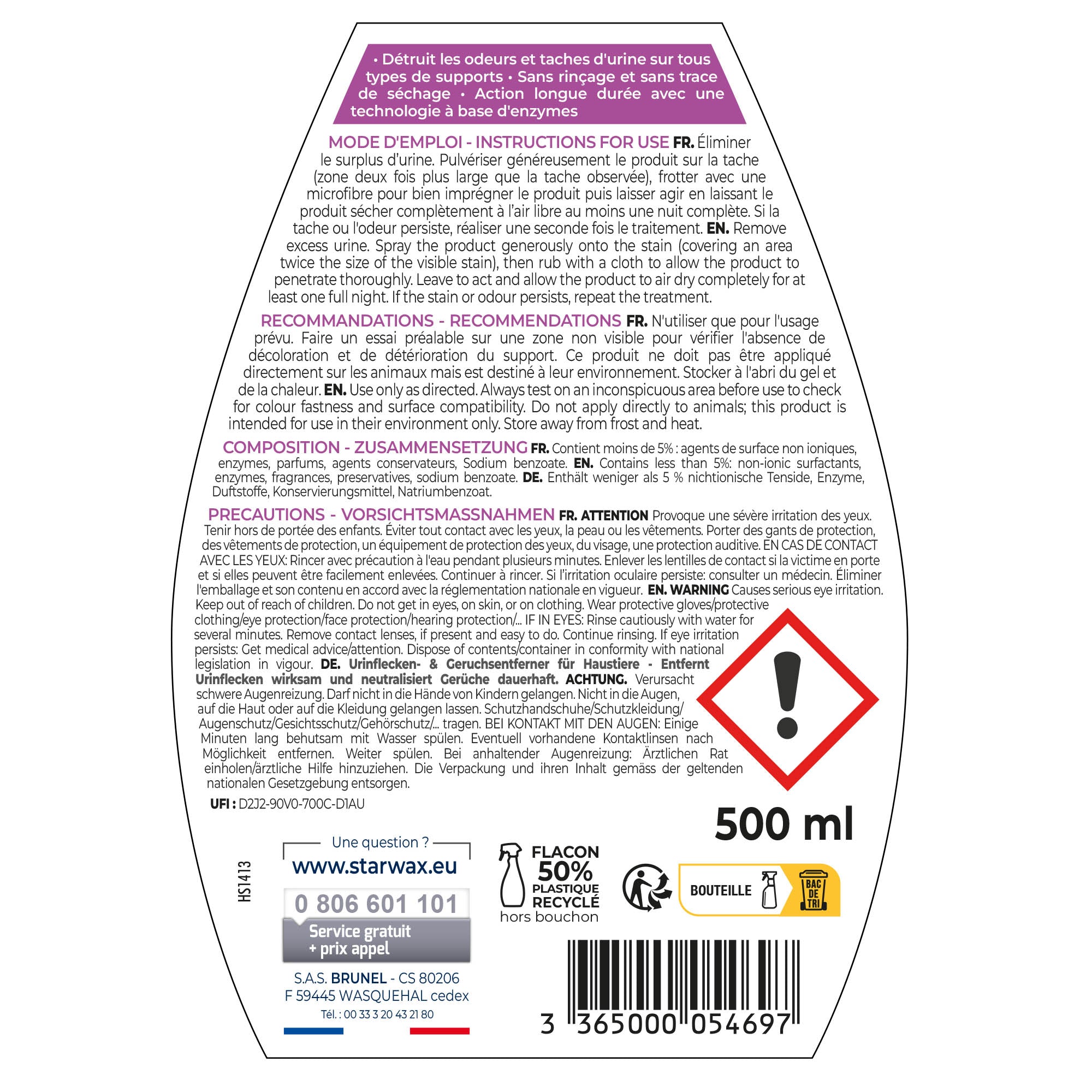 STARWAX - Détachant & destructeur d’odeurs spécial urine 500ML