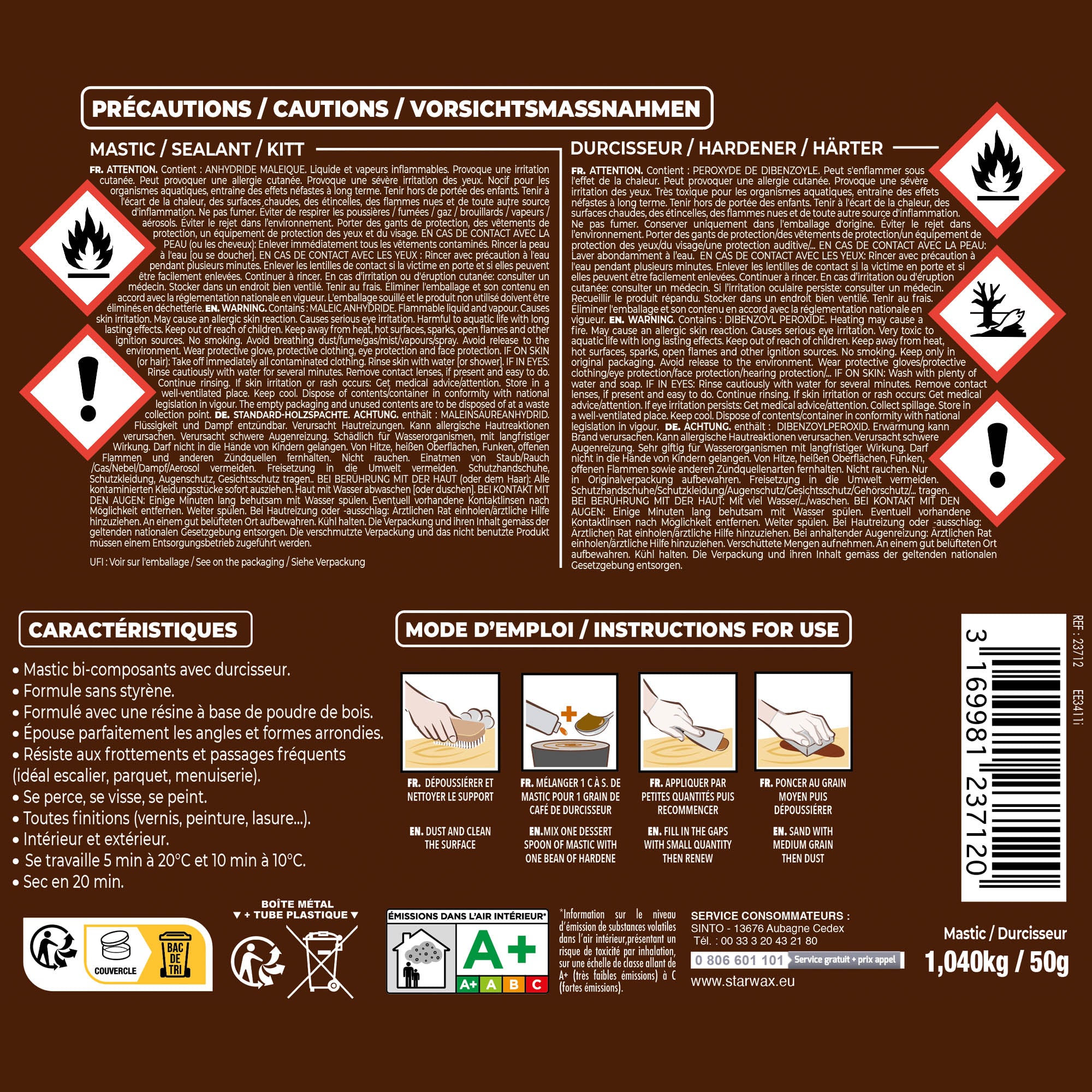 SINTO - Mastic bois standard 1,09kg Chêne