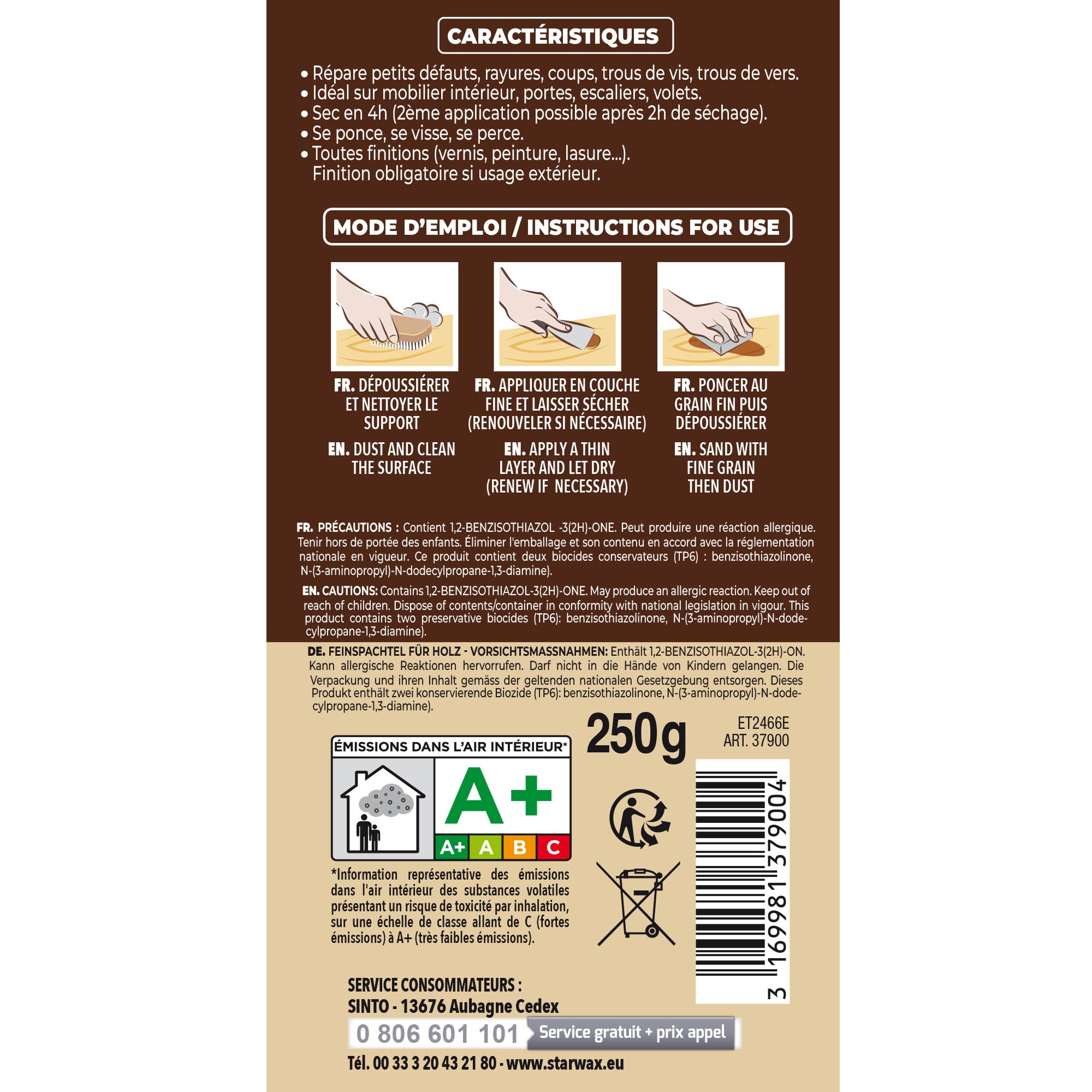 SINTO - Rebouche imperfections -  Pâte à bois naturel 80g Blanc