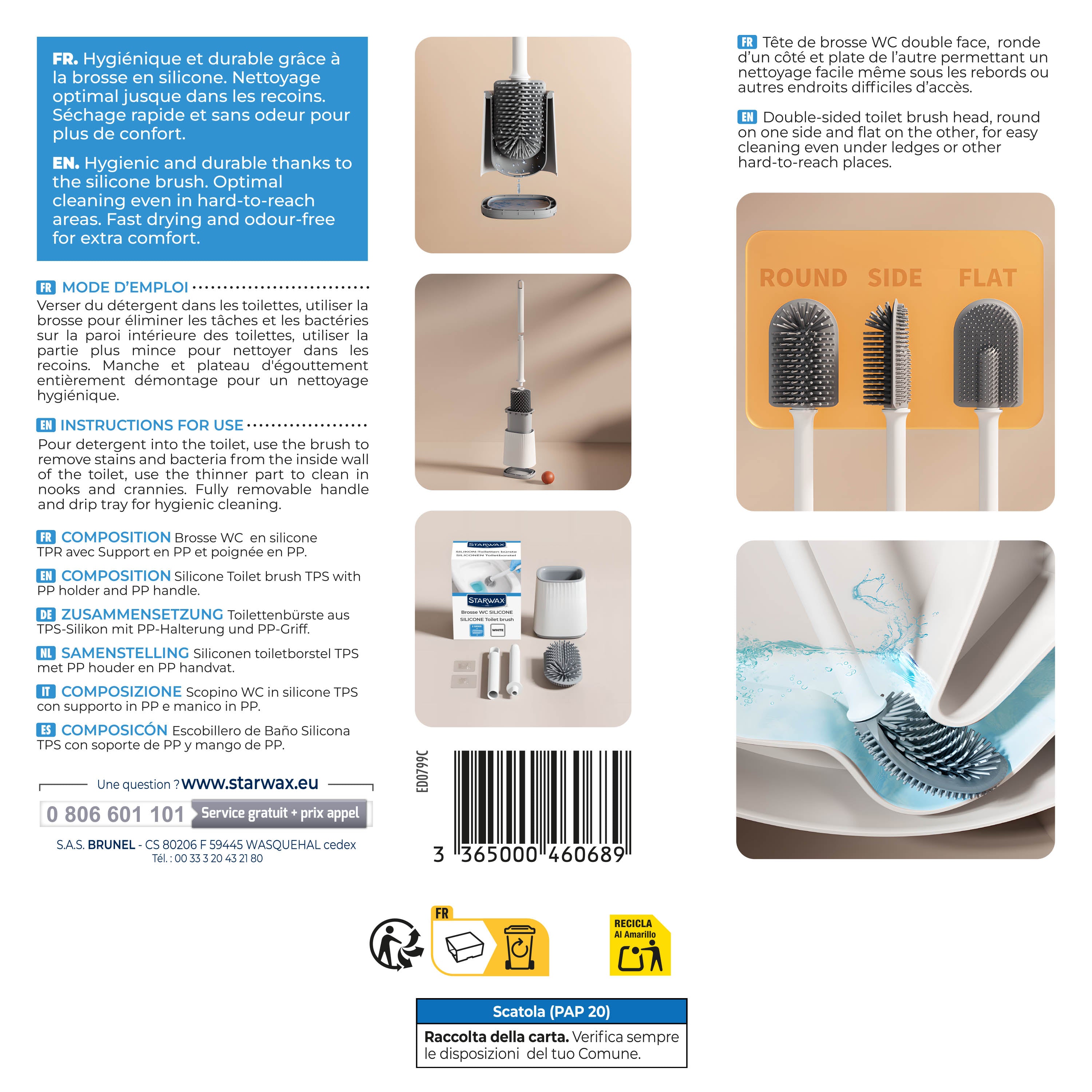 STARWAX - Balayette WC silicone avec support mural X1 Blanche